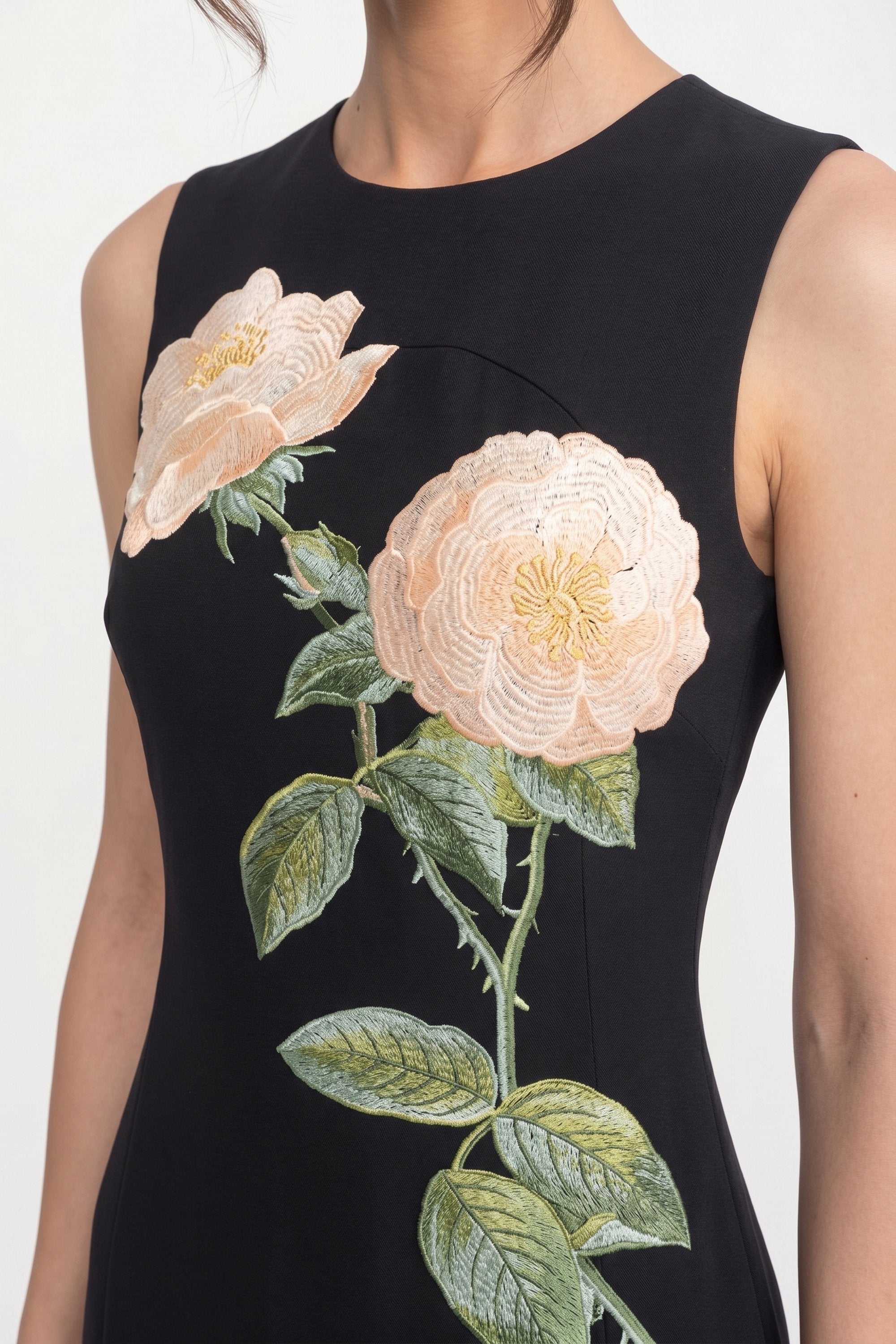 Sleeveless Midi Dress With 3D Floral Appliqué And Full Skirt - Black