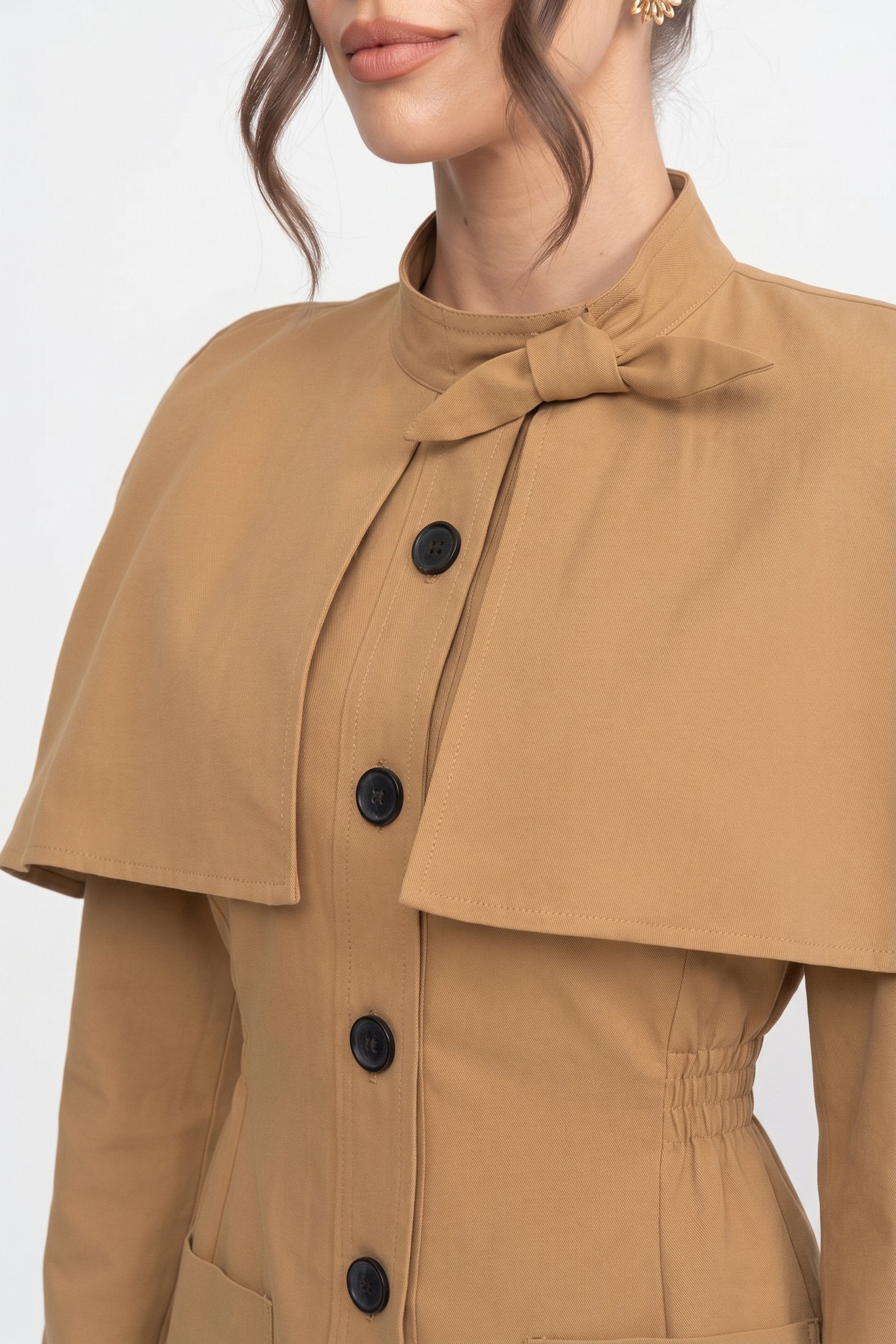 Rochie-palton cu nasturi în față și suprapunere structurată tip capă - Khaki 