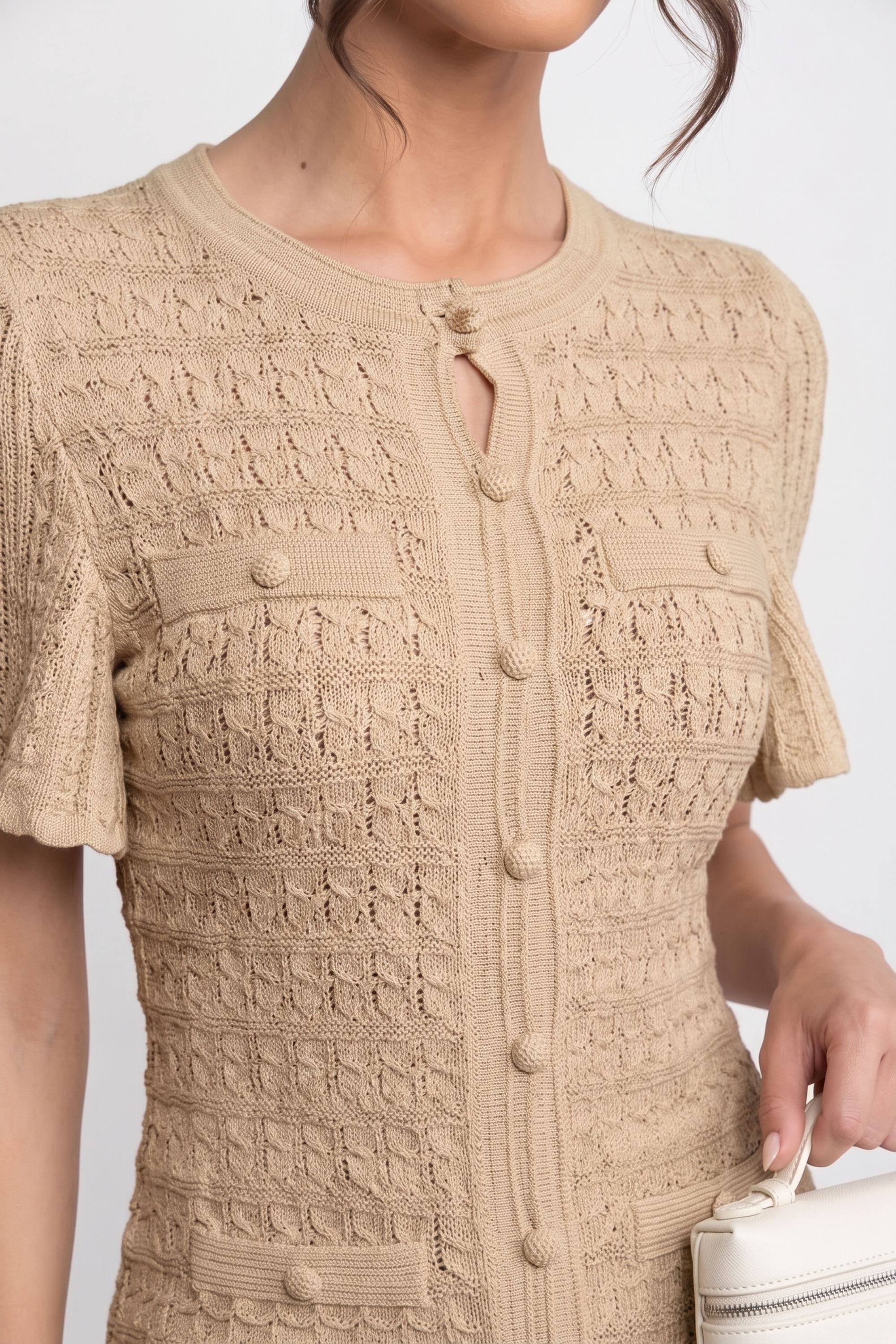 Rochie midi cu mânecă scurtă și textură tricotată cu sclipiri - Beige 