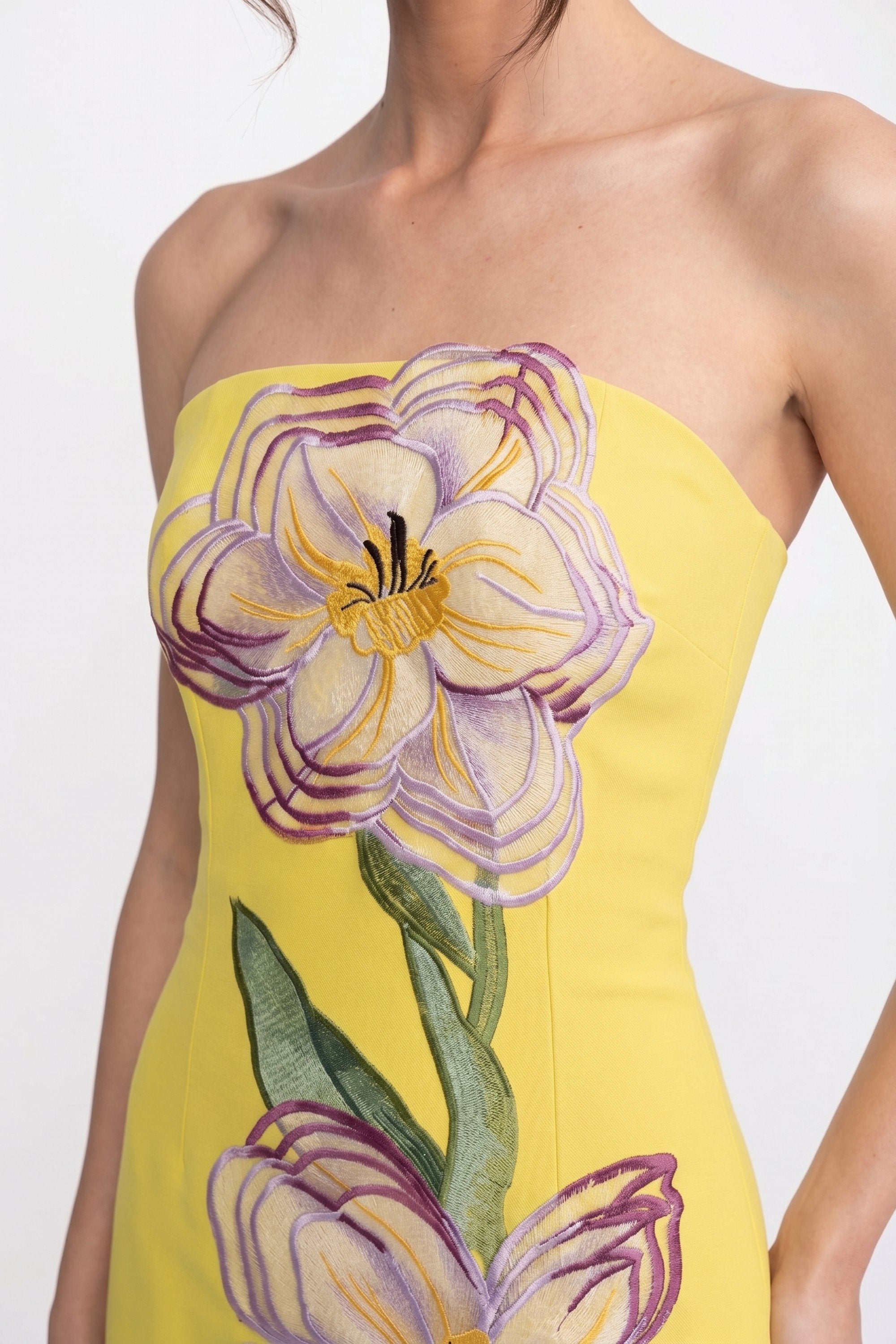 Rochie maxi fără bretele cu imprimeu floral și siluetă columnară - galben 