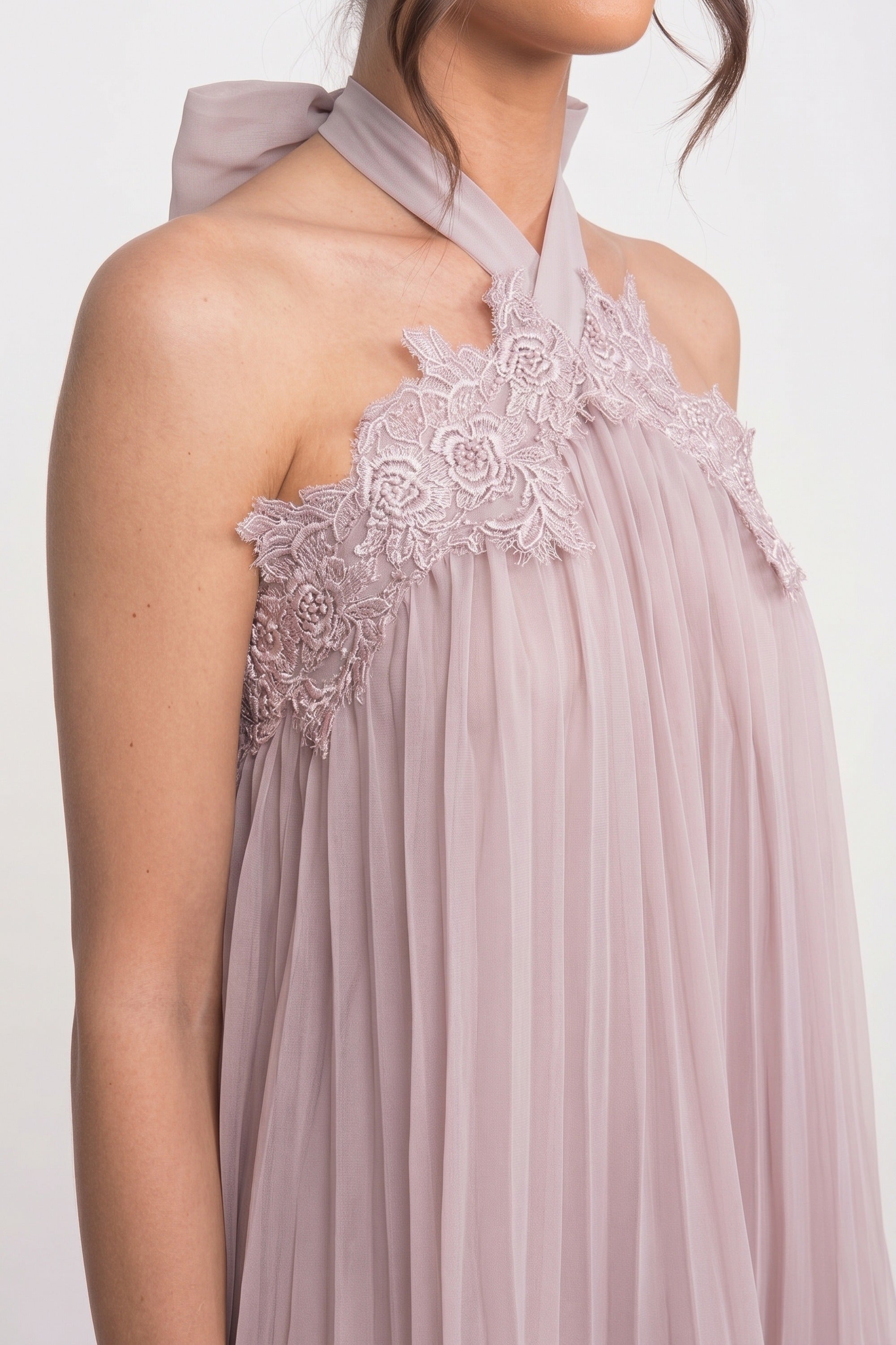 Rochie mini din șifon cu halter neck și tiv din dantelă - Pink 