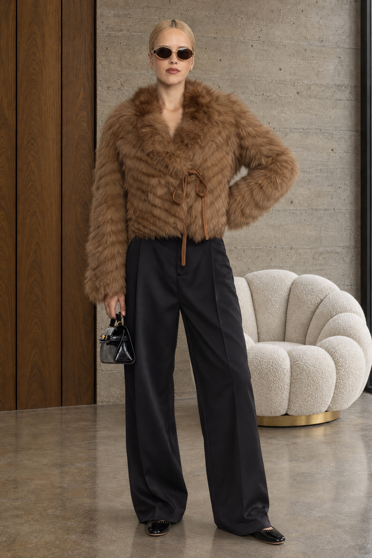 Chevron Fox Fur Cropped Tie Jacket - Camel