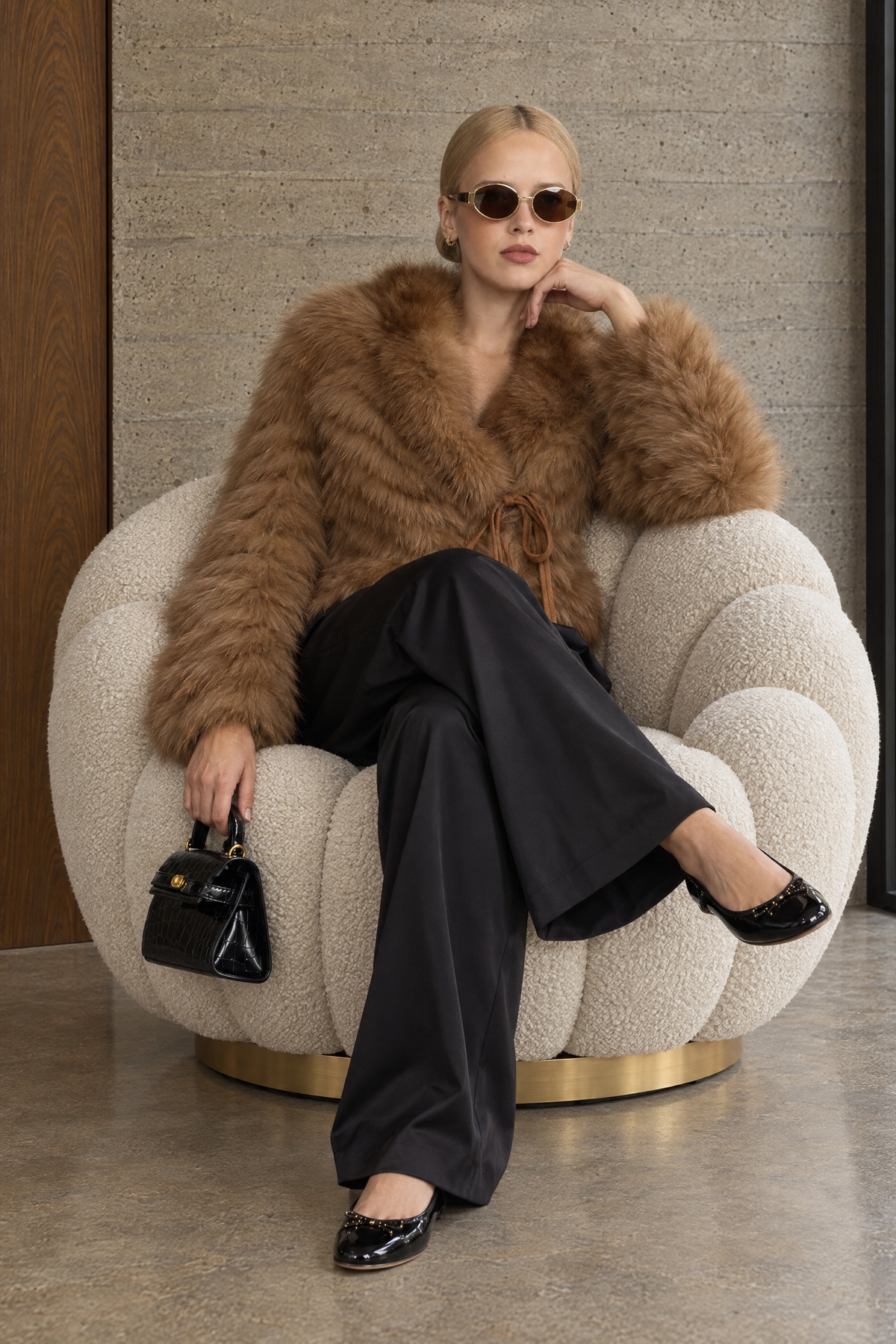 Chevron Fox Fur Cropped Tie Jacket - Camel