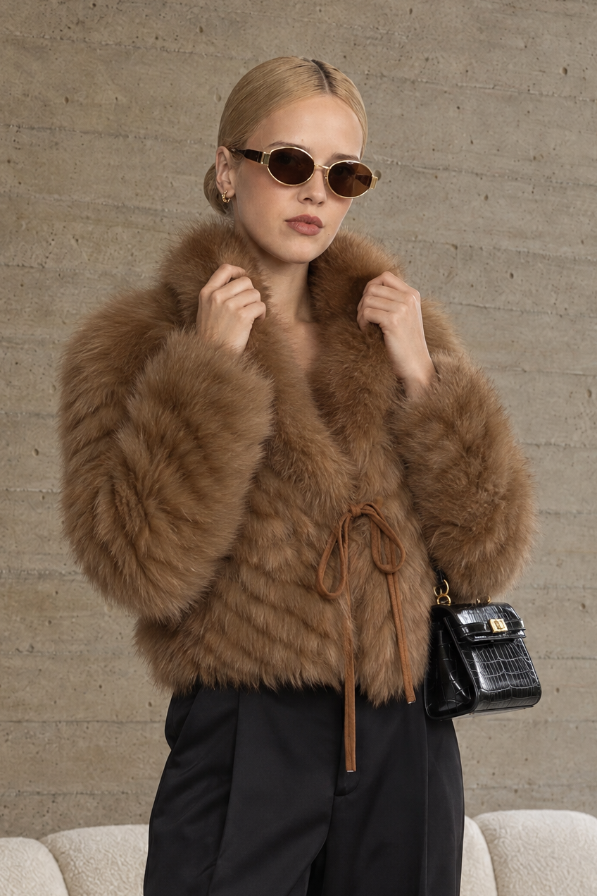 Chevron Fox Fur Cropped Tie Jacket - Camel