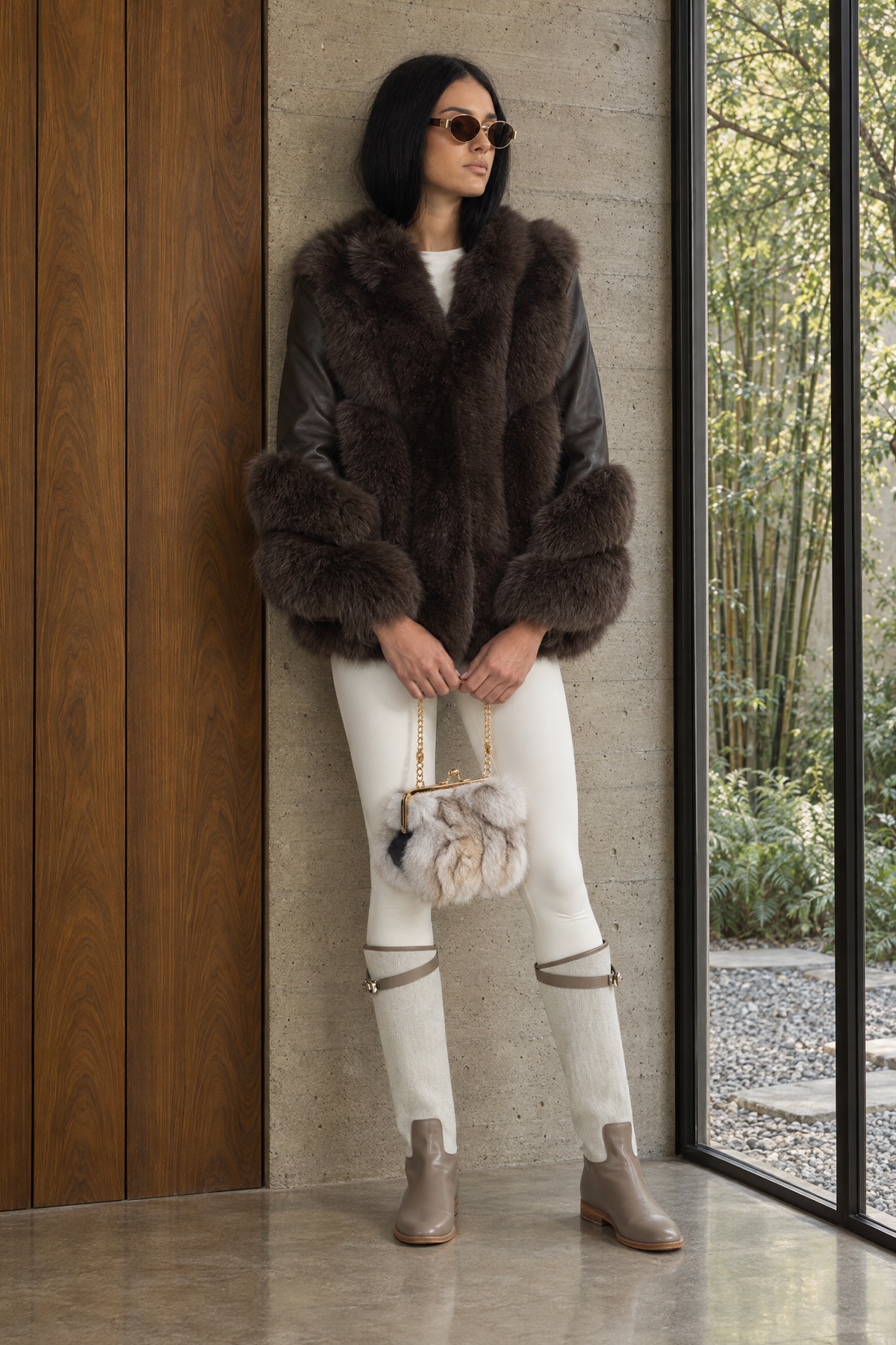 Jachetă shearling cu panou din blană de vulpe - Chocolate 