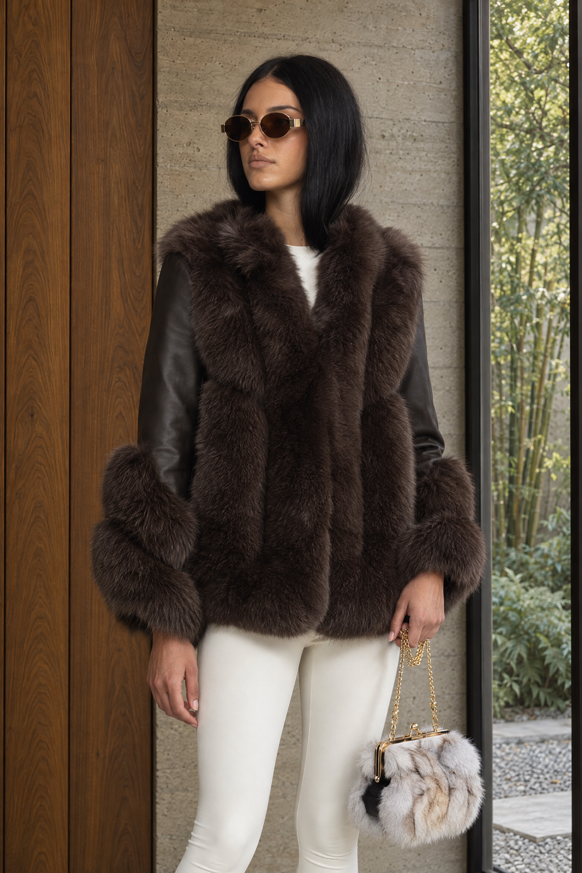 Jachetă shearling cu panou din blană de vulpe - Chocolate 
