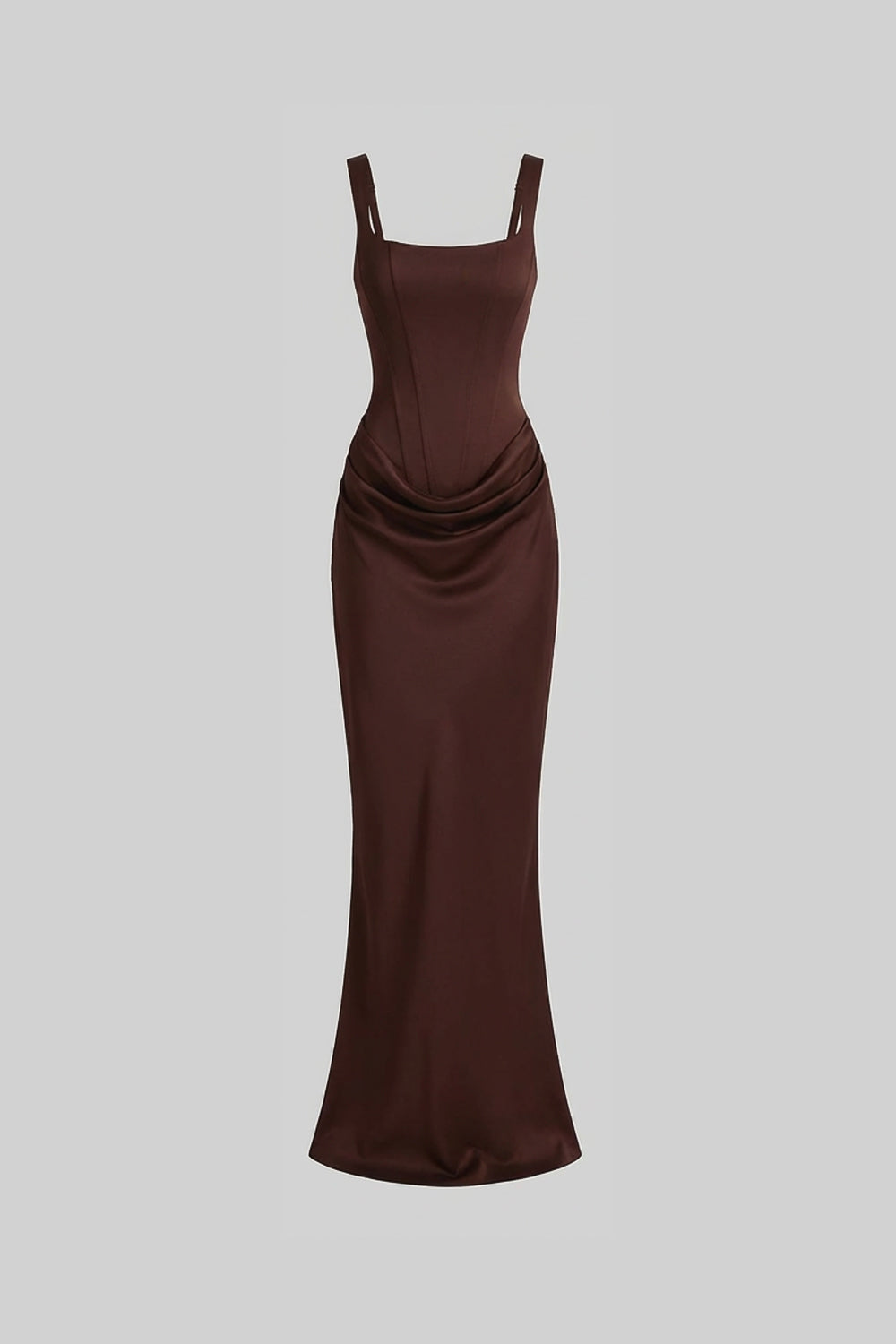Corset Maxi Dress with Draped Hip Detail – Chocolate Brown