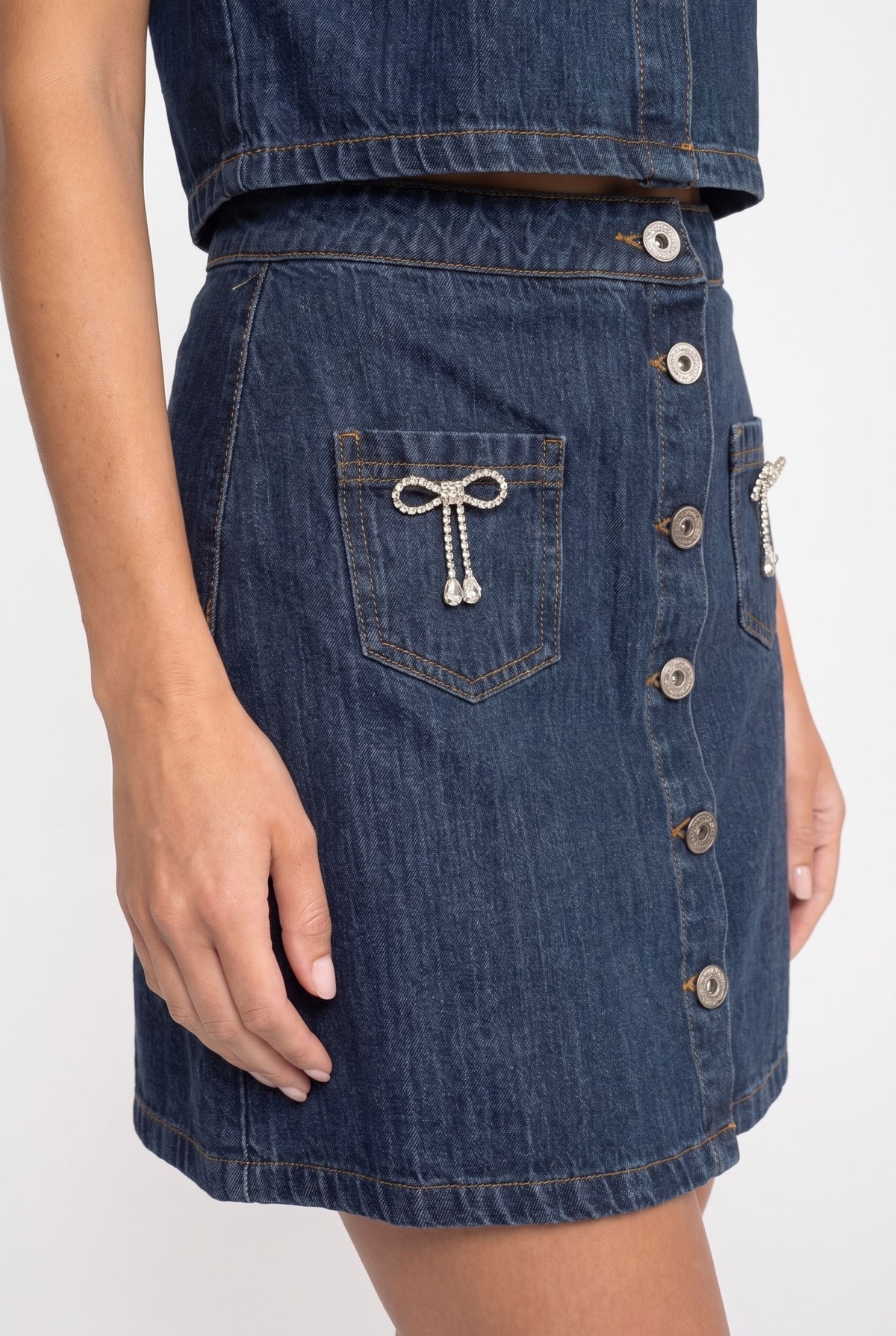 Denim Shirt And A-Line Skirt Co-Ord Set With Sparkling Bow Details - Blue