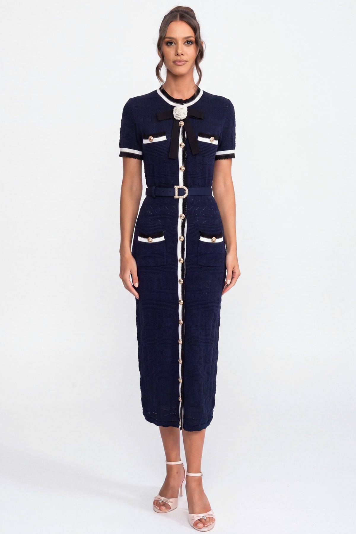 Rochie midi tricotată cu paspoal alb și curea cu cataramă aurie - Navy 