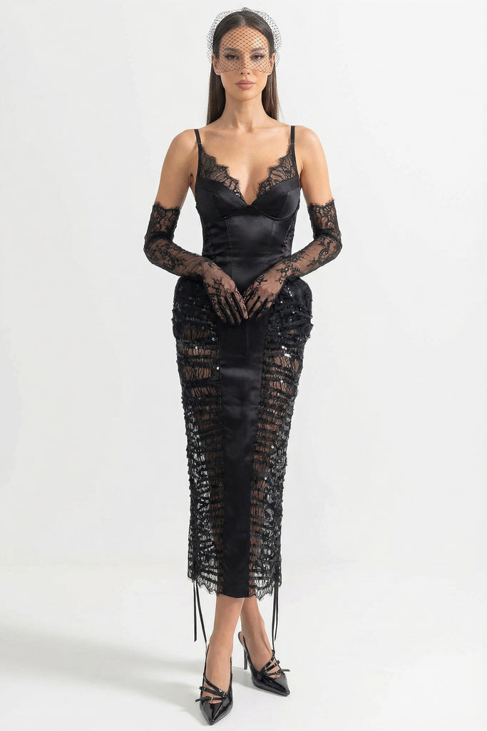 Rochie midi cu margini din dantelă și panouri laterale transparente cu paiete - Negru 
