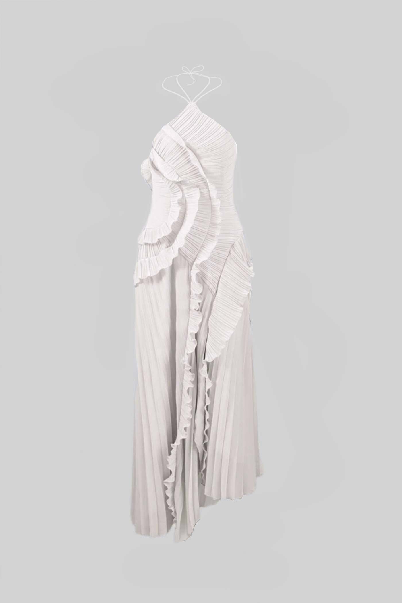 Pleated Halter Midi Dress With Cascading Ruffle Details - White