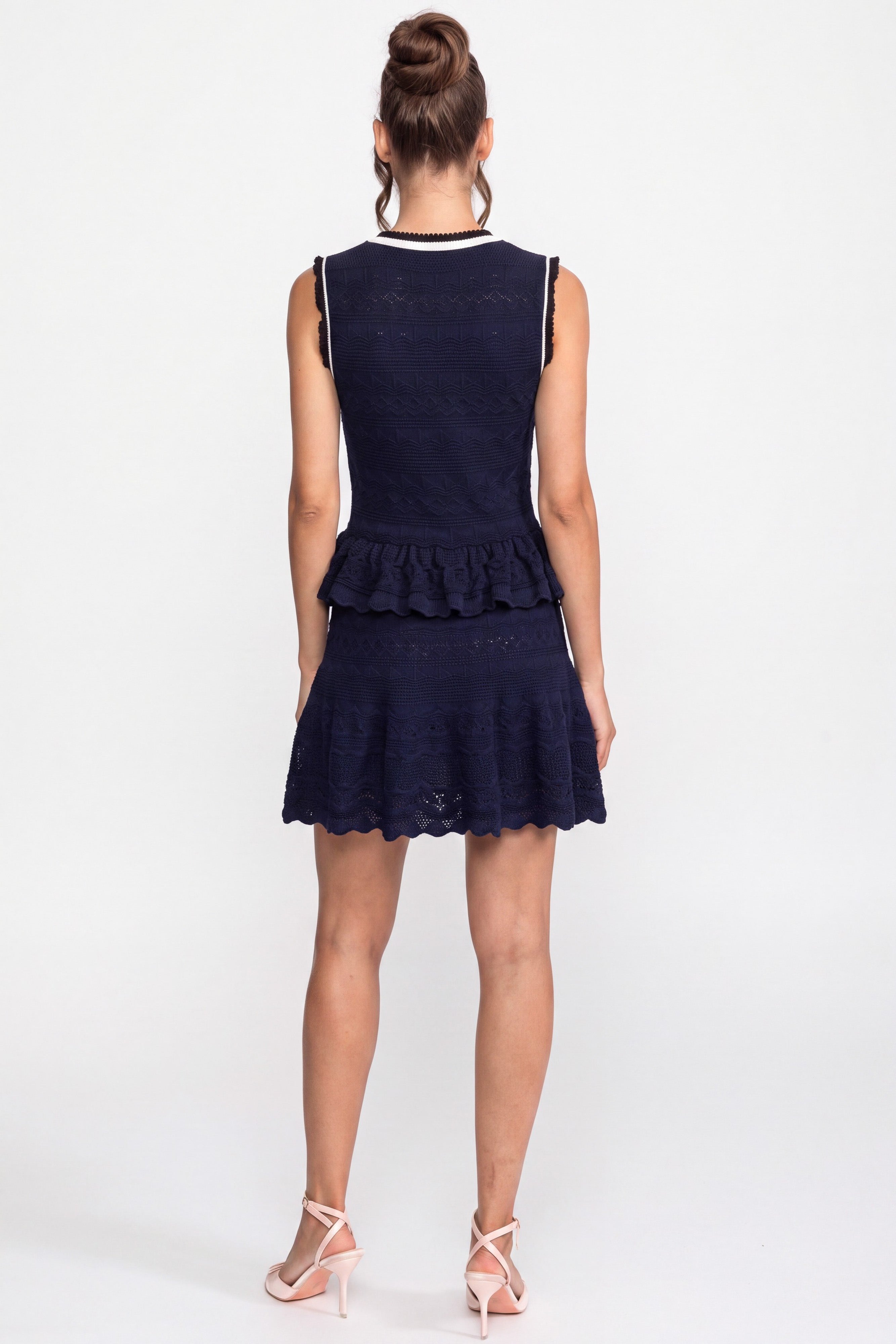 Rochie mini tricotată cu peplum, cu bordură contrastantă și fundă - Navy 