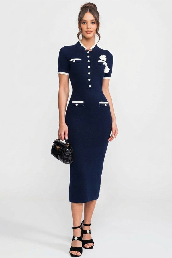 Rochie midi din tricot ribat, cu bordură contrastantă și buzunare decorative - Navy 