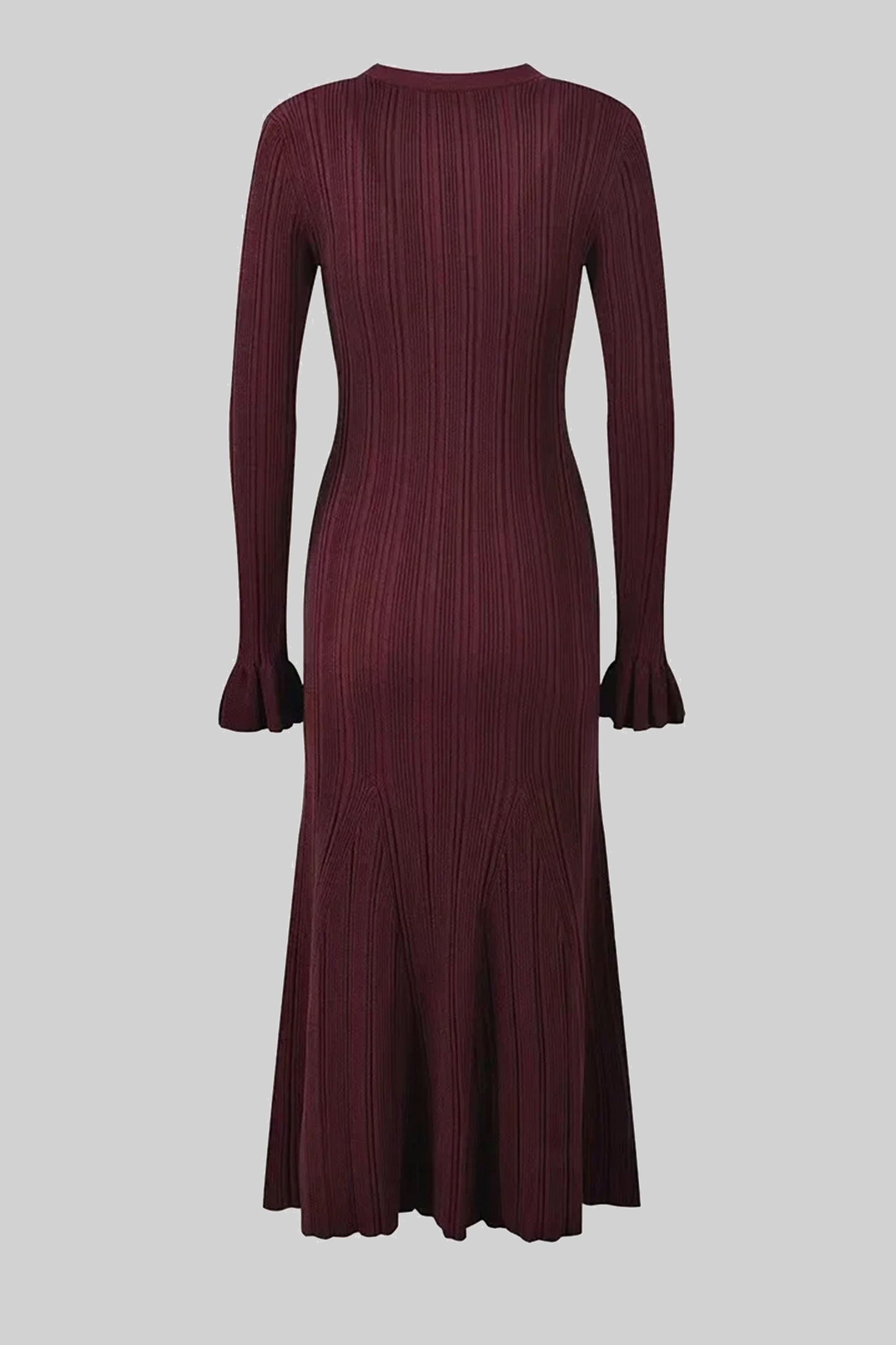 Rochie maxi tricotată rib cu decolteu în V și nasturi în față, cu manșete cu volane - Burgundy 