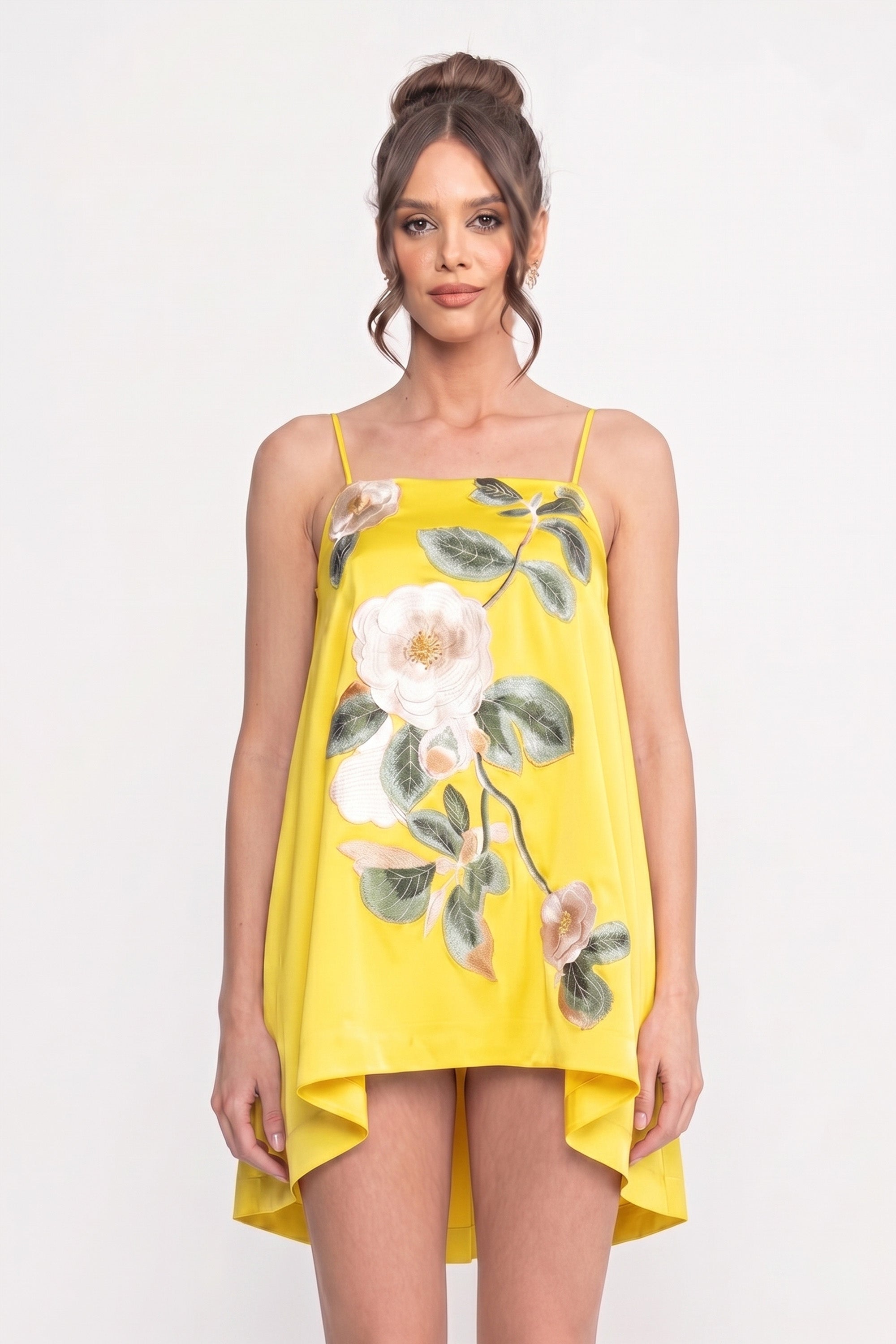 Rochie mini cu bretele spaghetti, cu aplicație florală 3D și fustă în A - Galben 