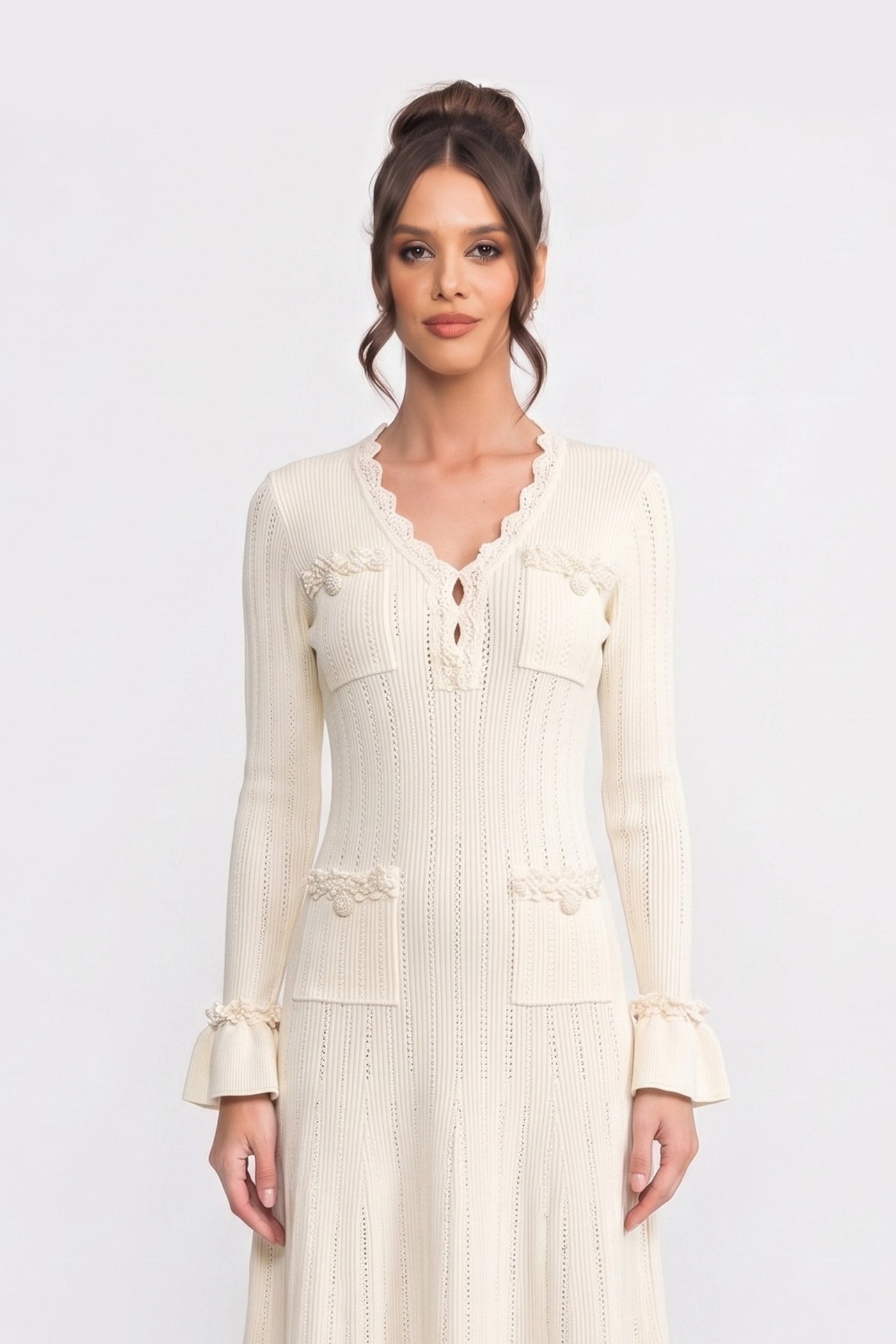 Long-Sleeve V-Neck Knit Mini Dress With Ruffle Hem And Bow Cuffs - Ivoire
