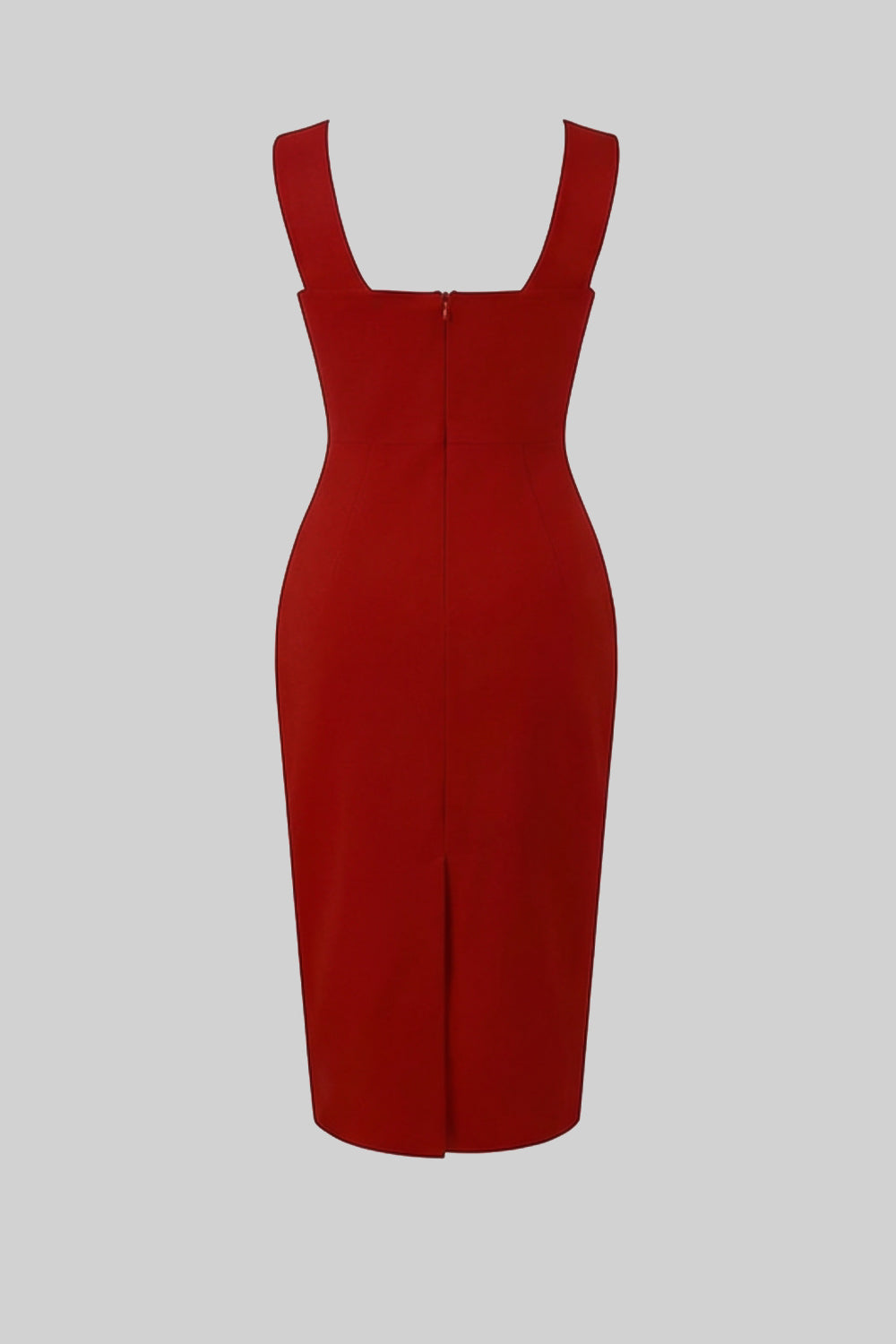 Structured Midi Dress with Sculpted Floral Accent – Red