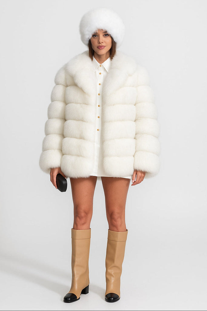 Tiered Fox Fur Jacket With Oversized Shawl Collar – White