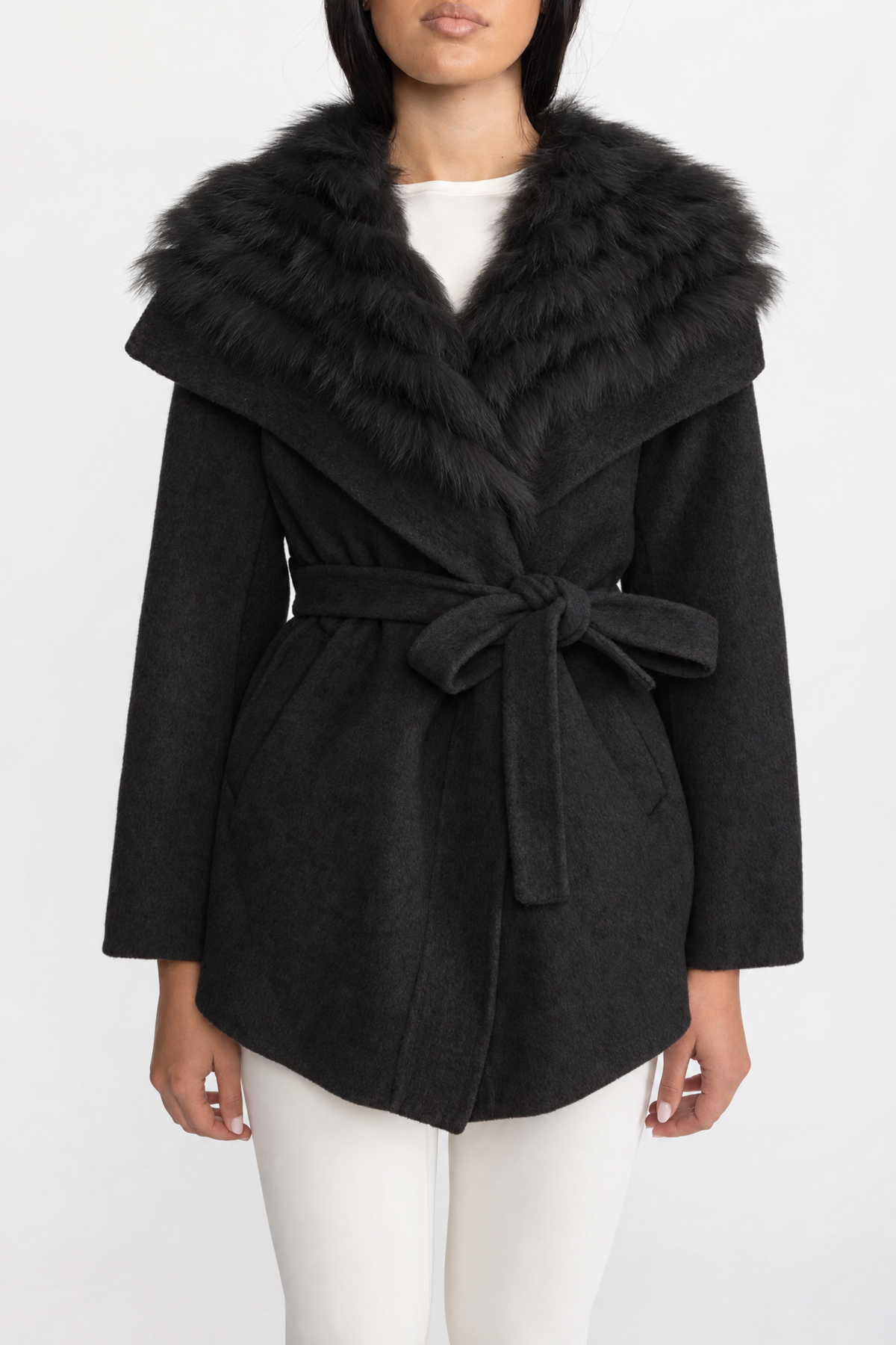 Wool Coat with Oversized Fur Collar And Belt - Black