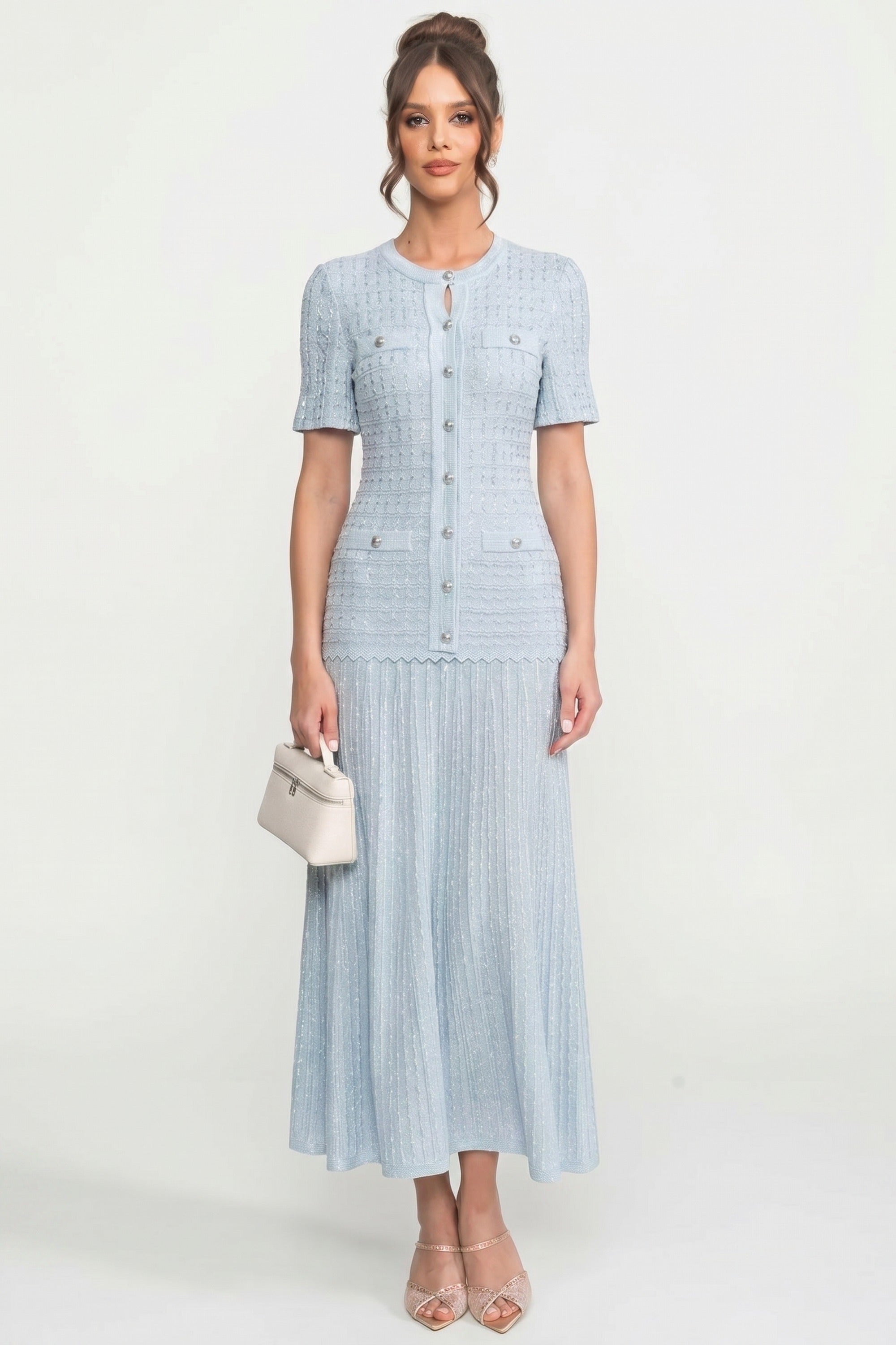 Rochie midi cu mânecă scurtă și textură tricotată strălucitoare - Light Blue 