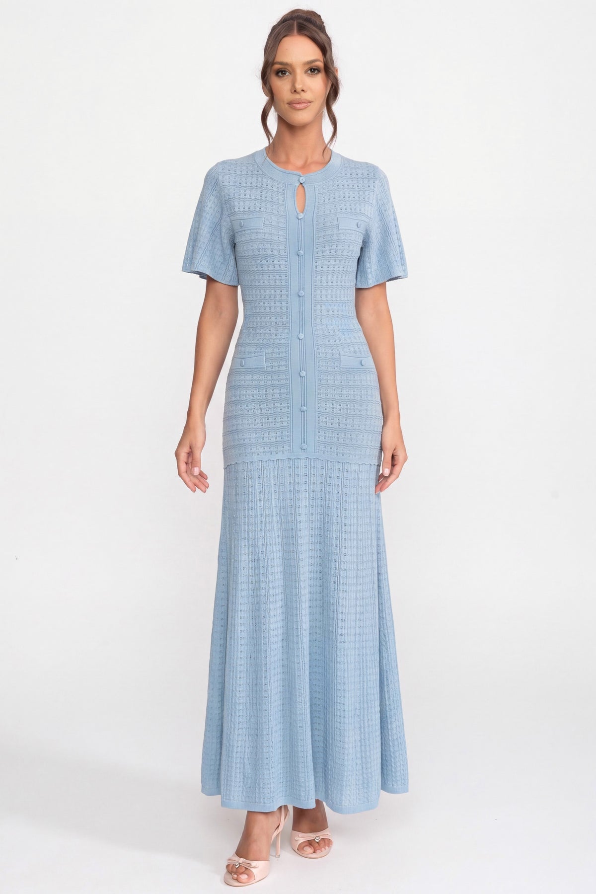 Rochie midi cu mânecă scurtă și textură tricotată strălucitoare - Light Blue 