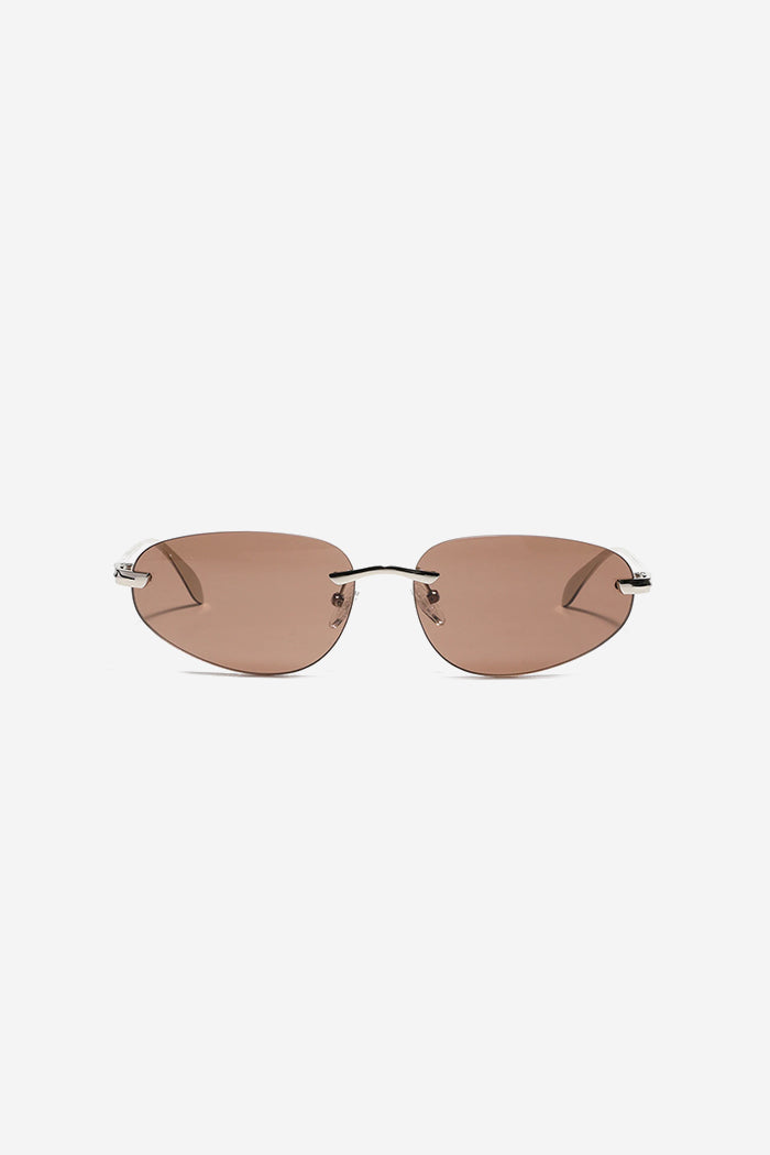 Minimalist Rimless Sunglasses with Sleek Metal Temples and Curved Arms – Brown