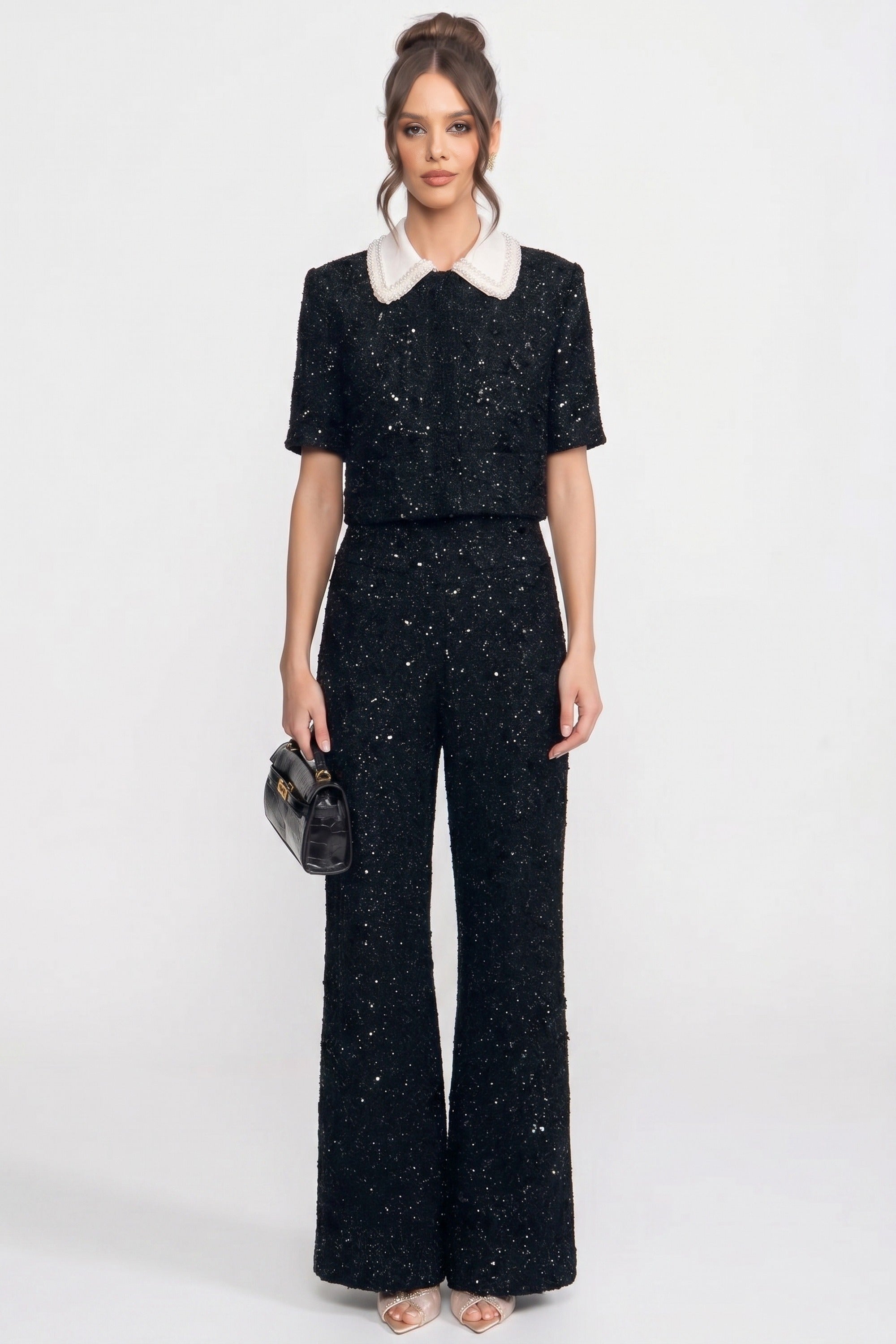Pantaloni Tweed Wide-Leg Cu Detaliu Din Paiete - Negru 