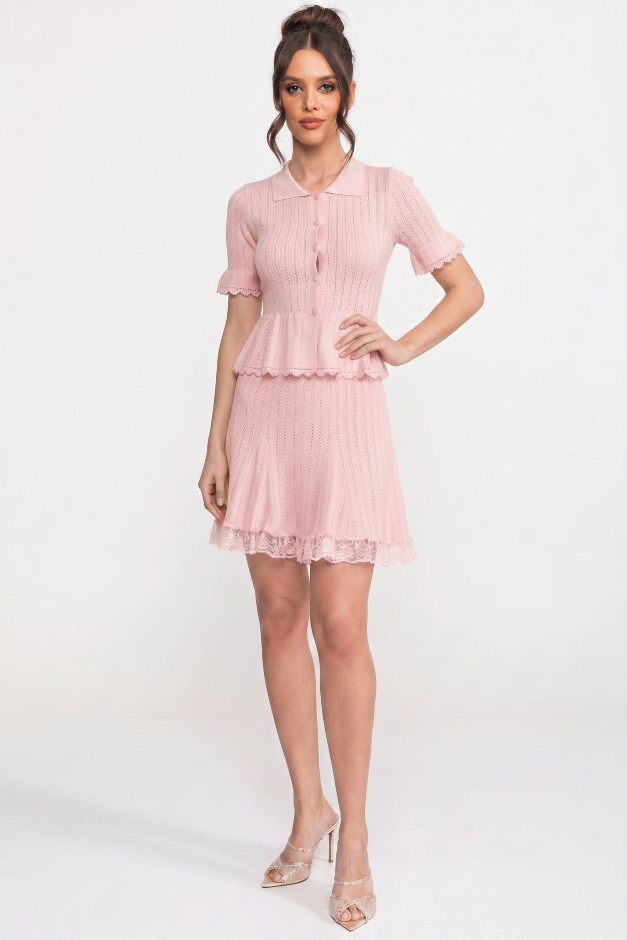 Rochie mini tricotată peplum cu guler Peter Pan și tiv din dantelă - roz 