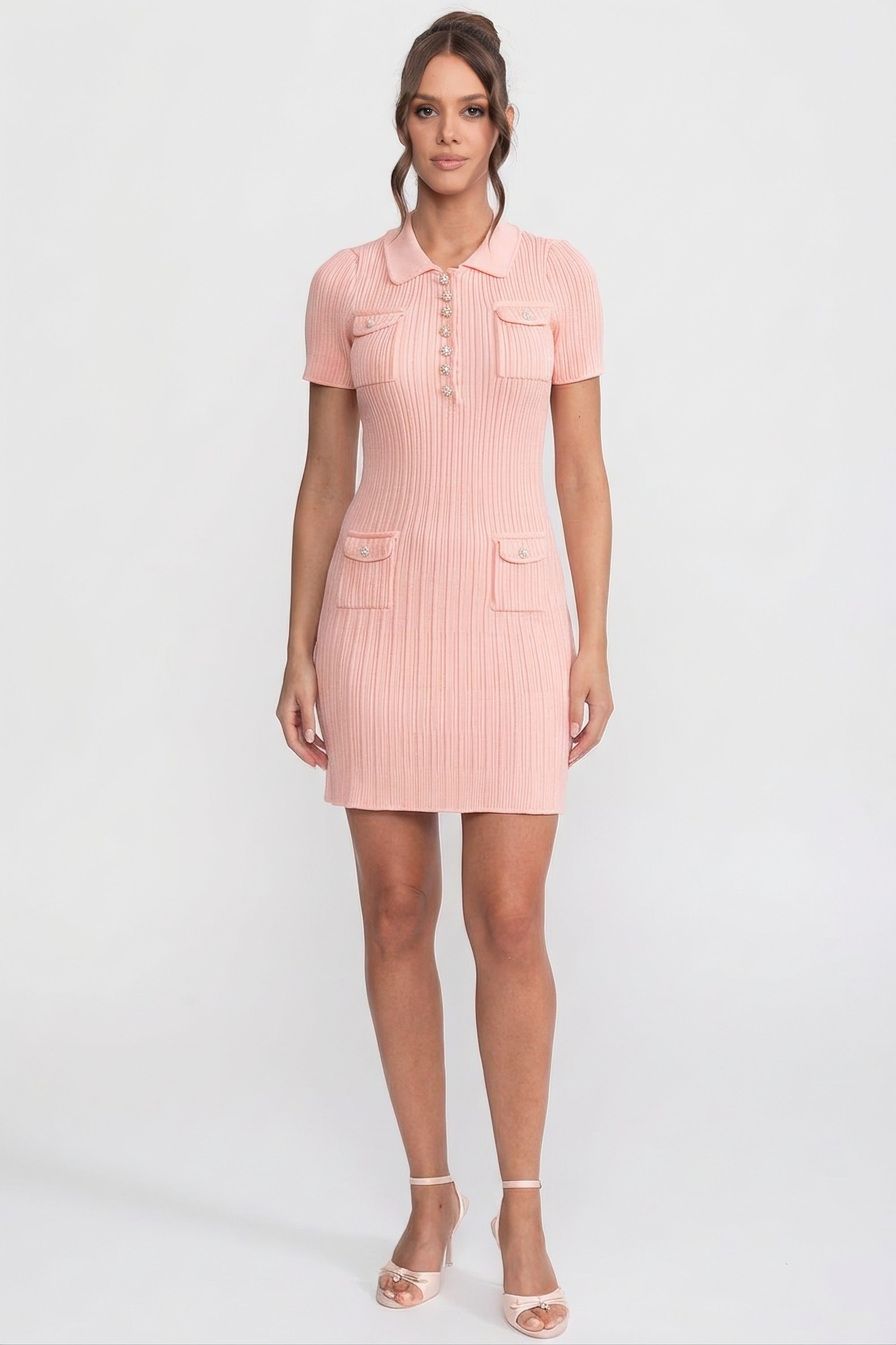 Rochie mini tricotată cu nervuri și nasturi în față - Peach 