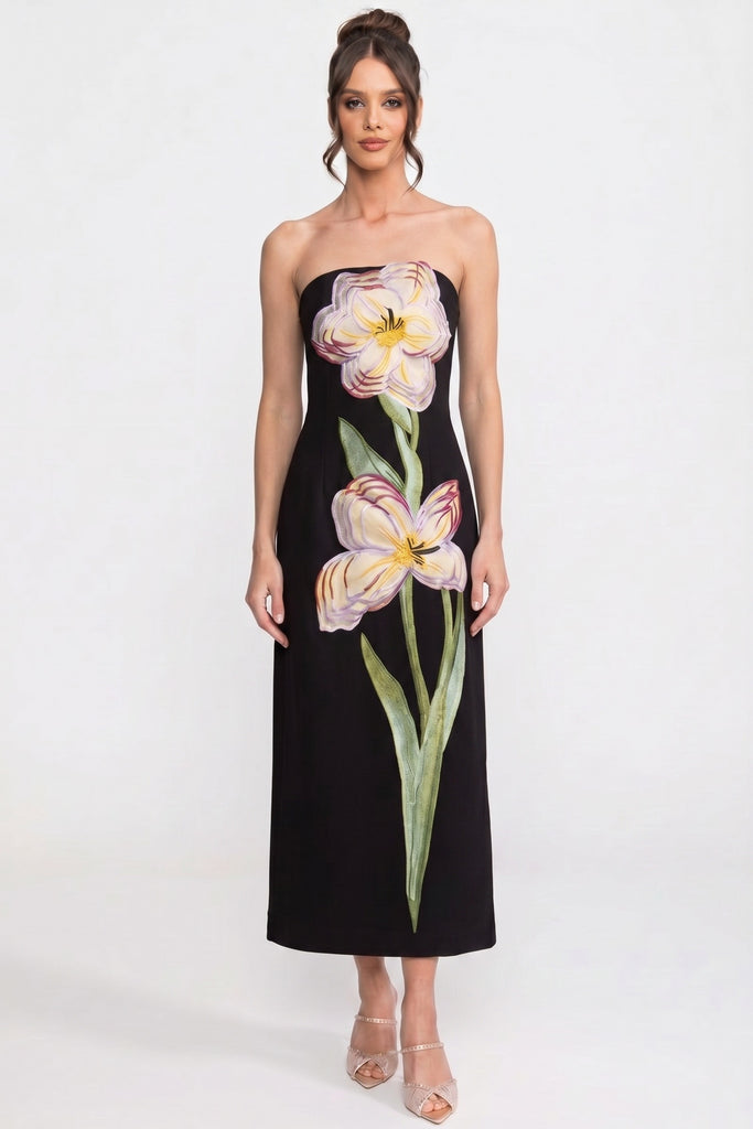 Rochie maxi cu imprimeu floral, fără bretele, cu siluetă dreaptă - Negru 