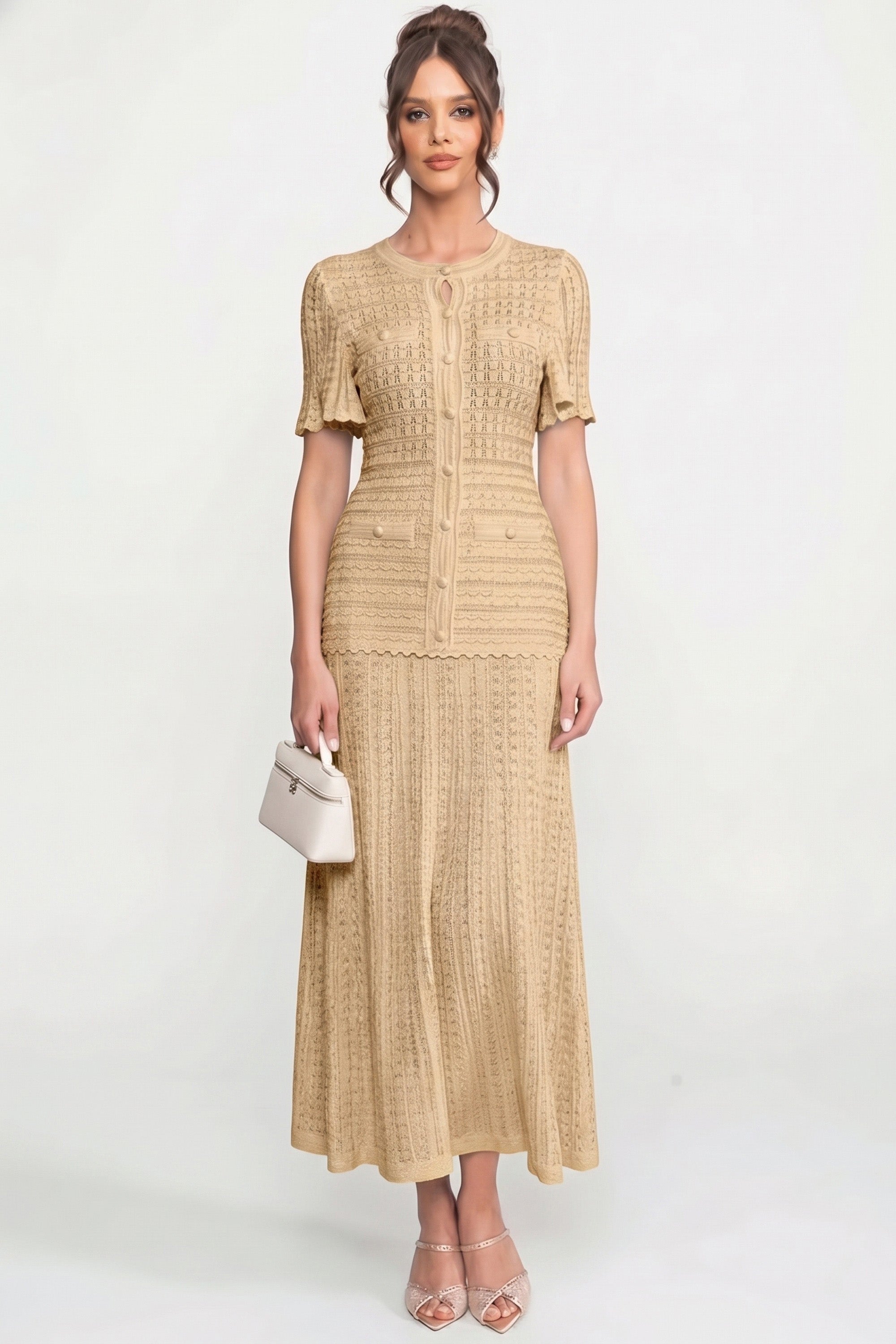 Rochie midi cu mânecă scurtă și textură tricotată cu sclipiri - Beige 