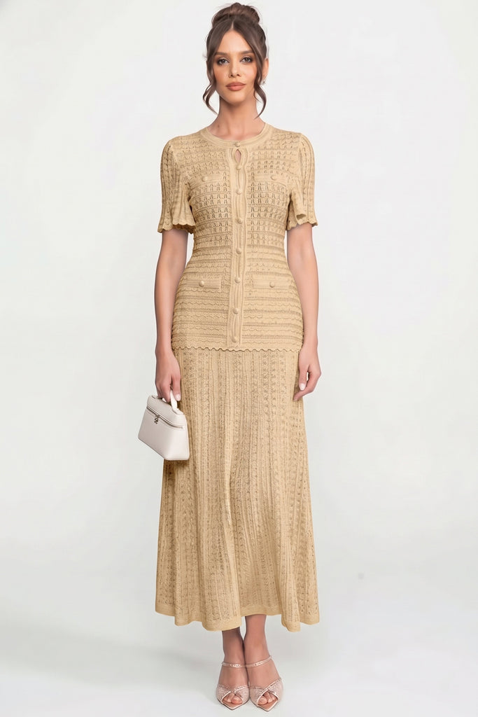 Rochie midi cu mânecă scurtă și textură tricotată cu sclipiri - Beige 