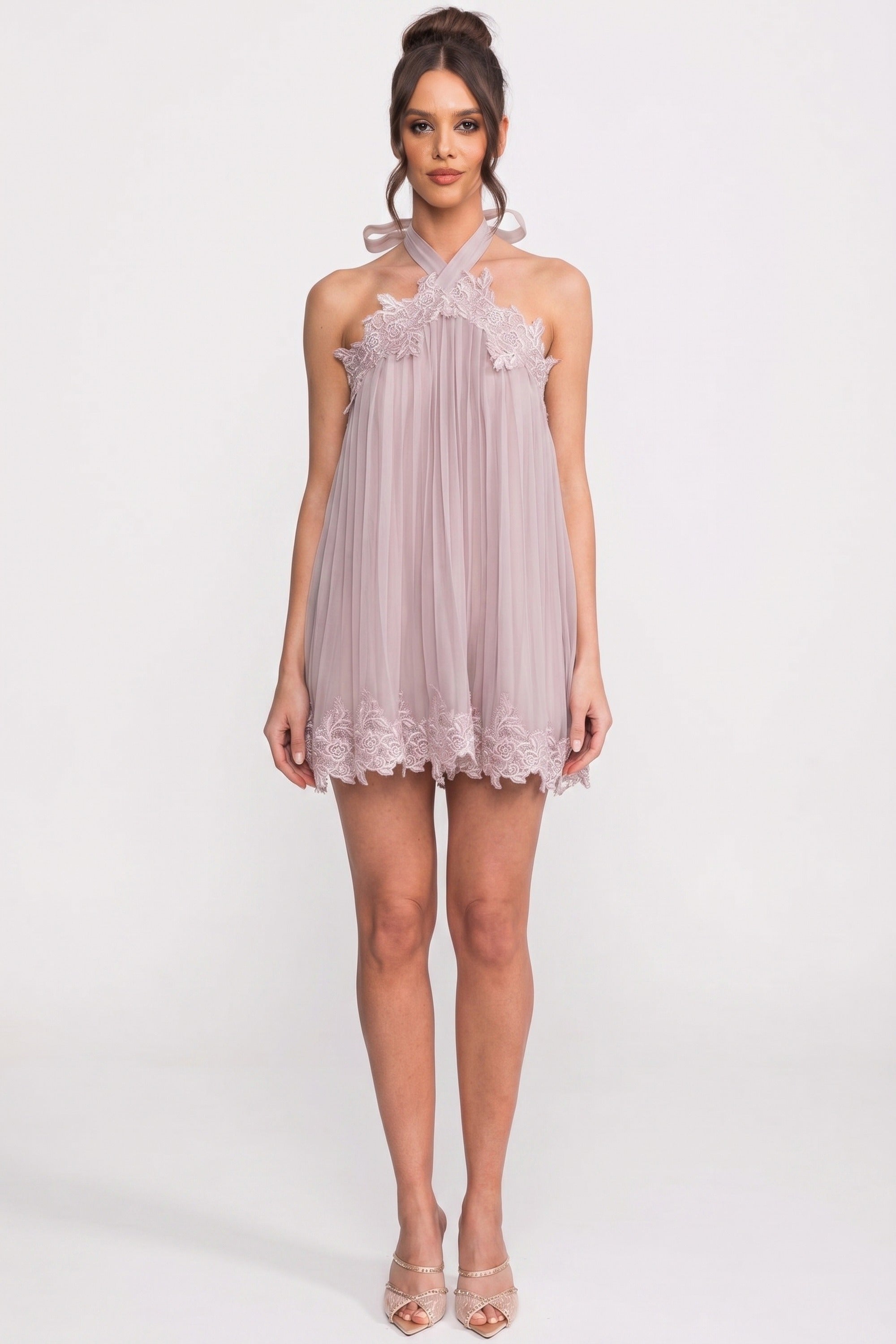 Rochie mini din șifon cu halter neck și tiv din dantelă - Pink 