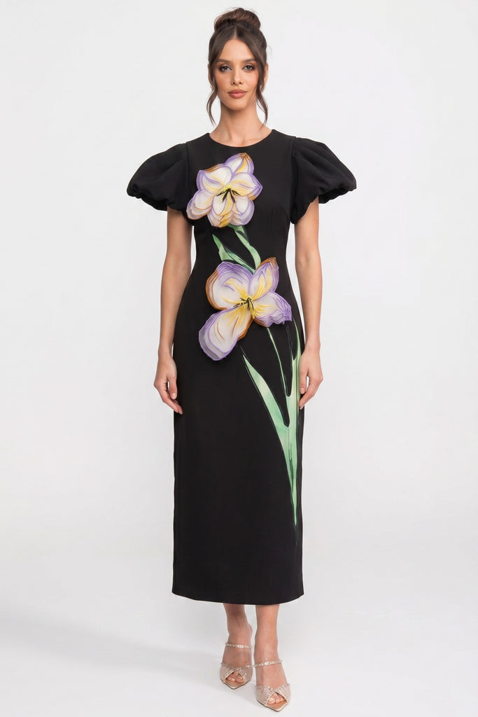 Rochie maxi structurată cu umeri accentuați și aplicații florale 3D Iris - Negru 