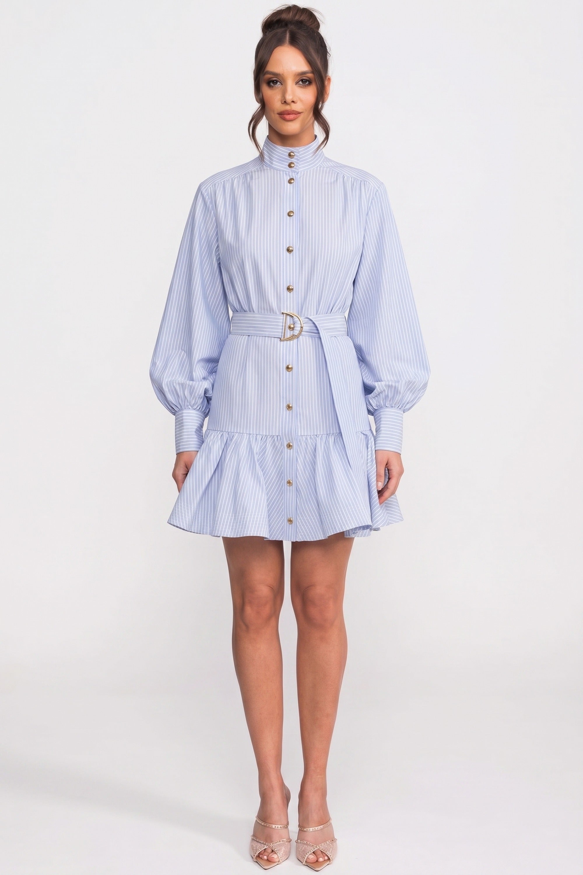 Striped Belted Mini Dress With High Neck And Balloon Sleeves - Blue