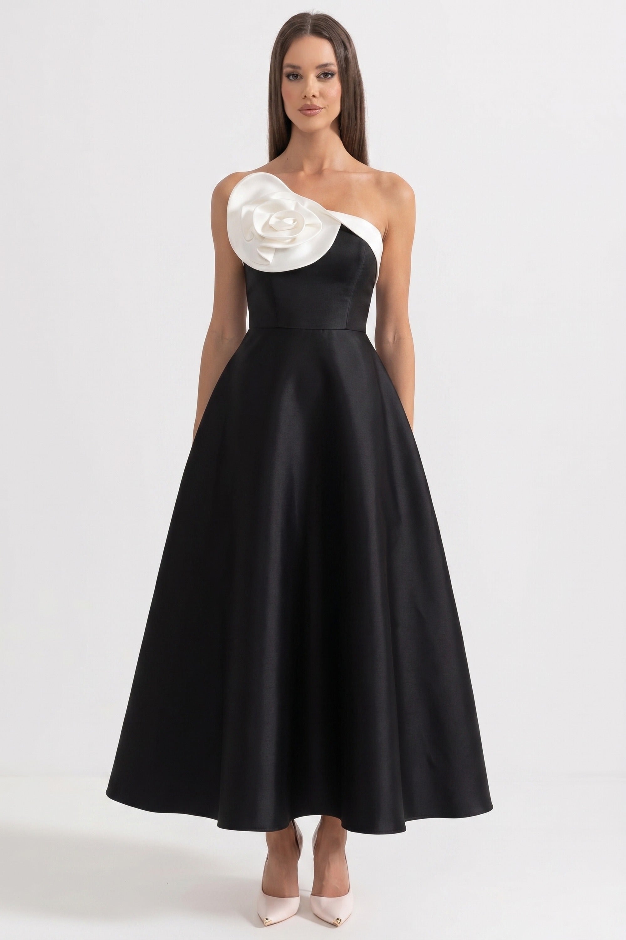 One-Shoulder Ballgown With Oversized 3D Rose And Full Skirt - Black