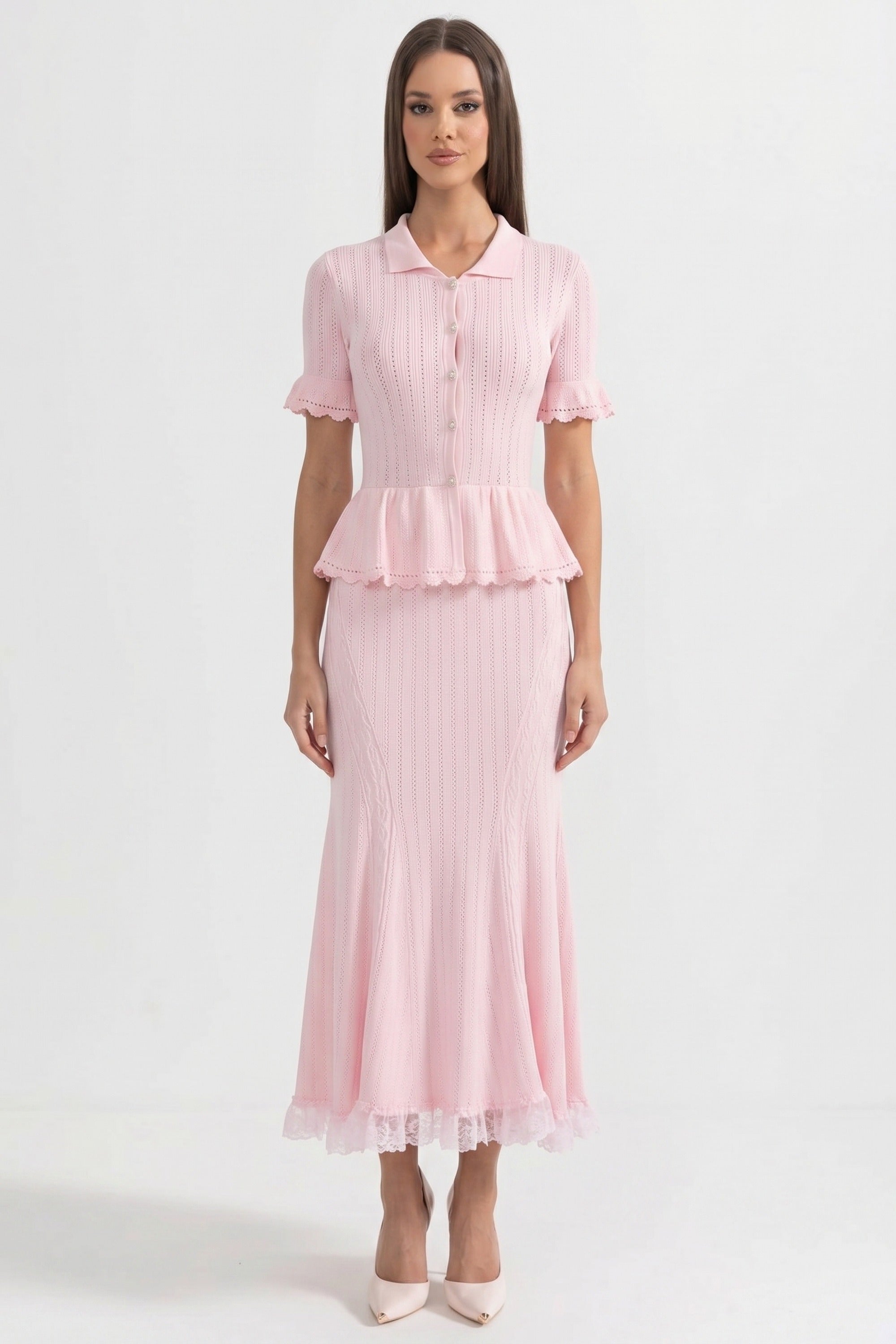 Rochie maxi tricotată peplum cu guler Peter-Pan și tiv din dantelă - Pink 