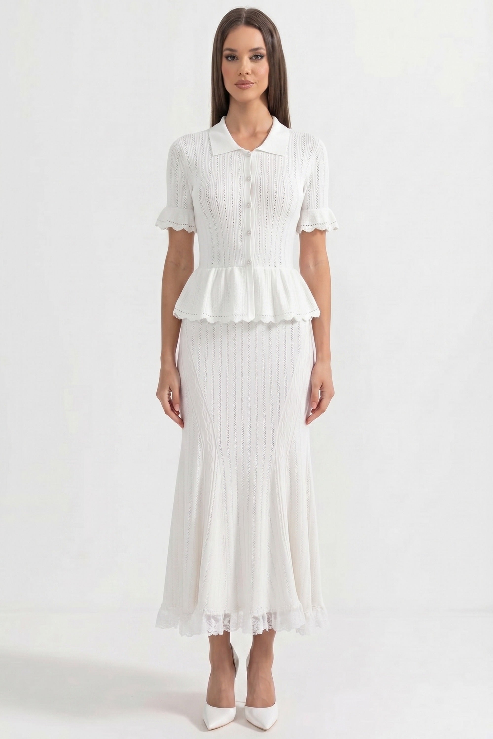 Rochie maxi tricotată peplum cu guler Peter Pan și tiv din dantelă - Alb 