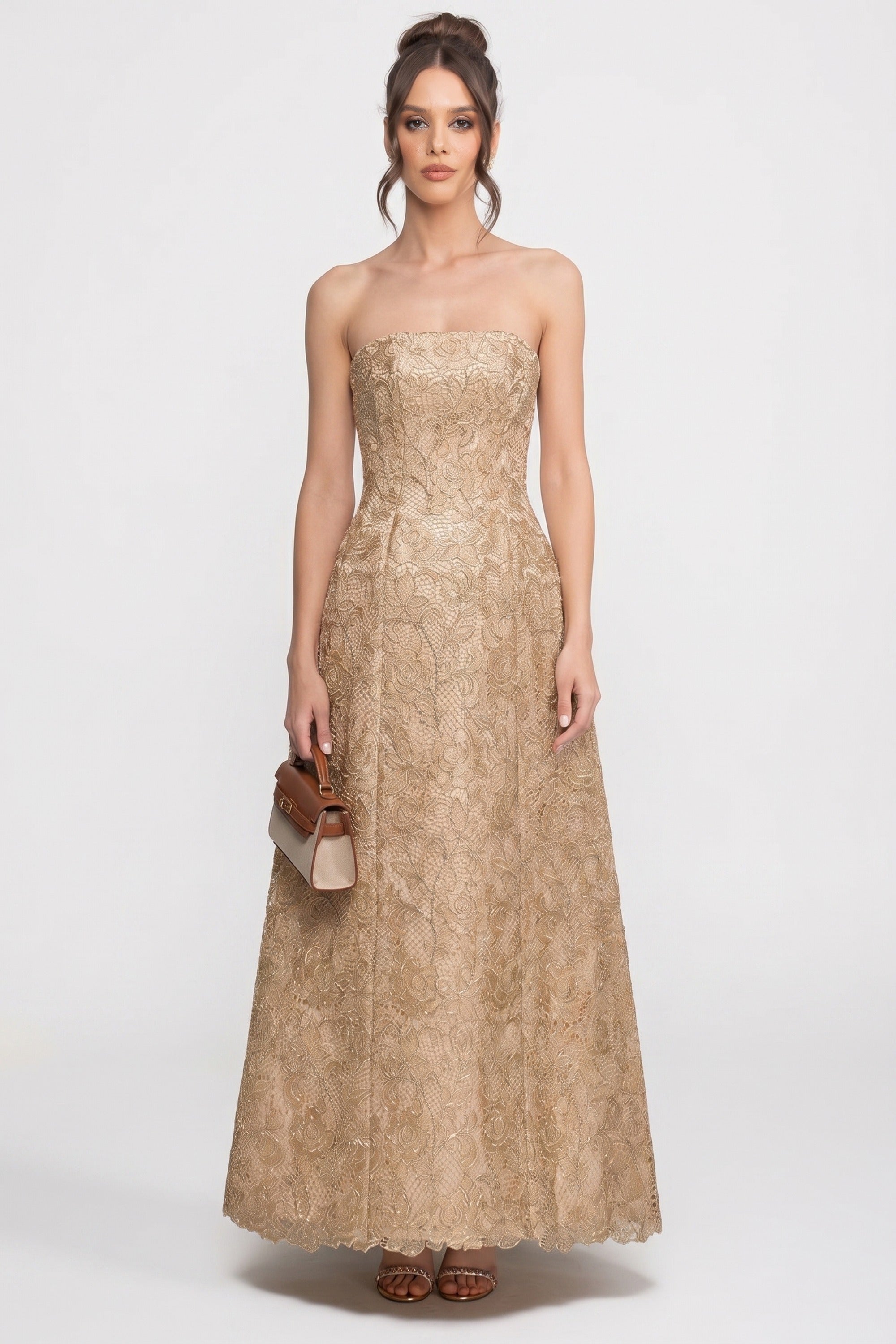 Rochie de gală cu dantelă florală, fără bretele, cu fustă amplă în linie A - Gold 