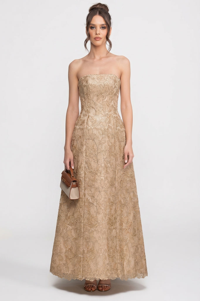 Rochie de gală cu dantelă florală, fără bretele, cu fustă amplă în linie A - Gold 
