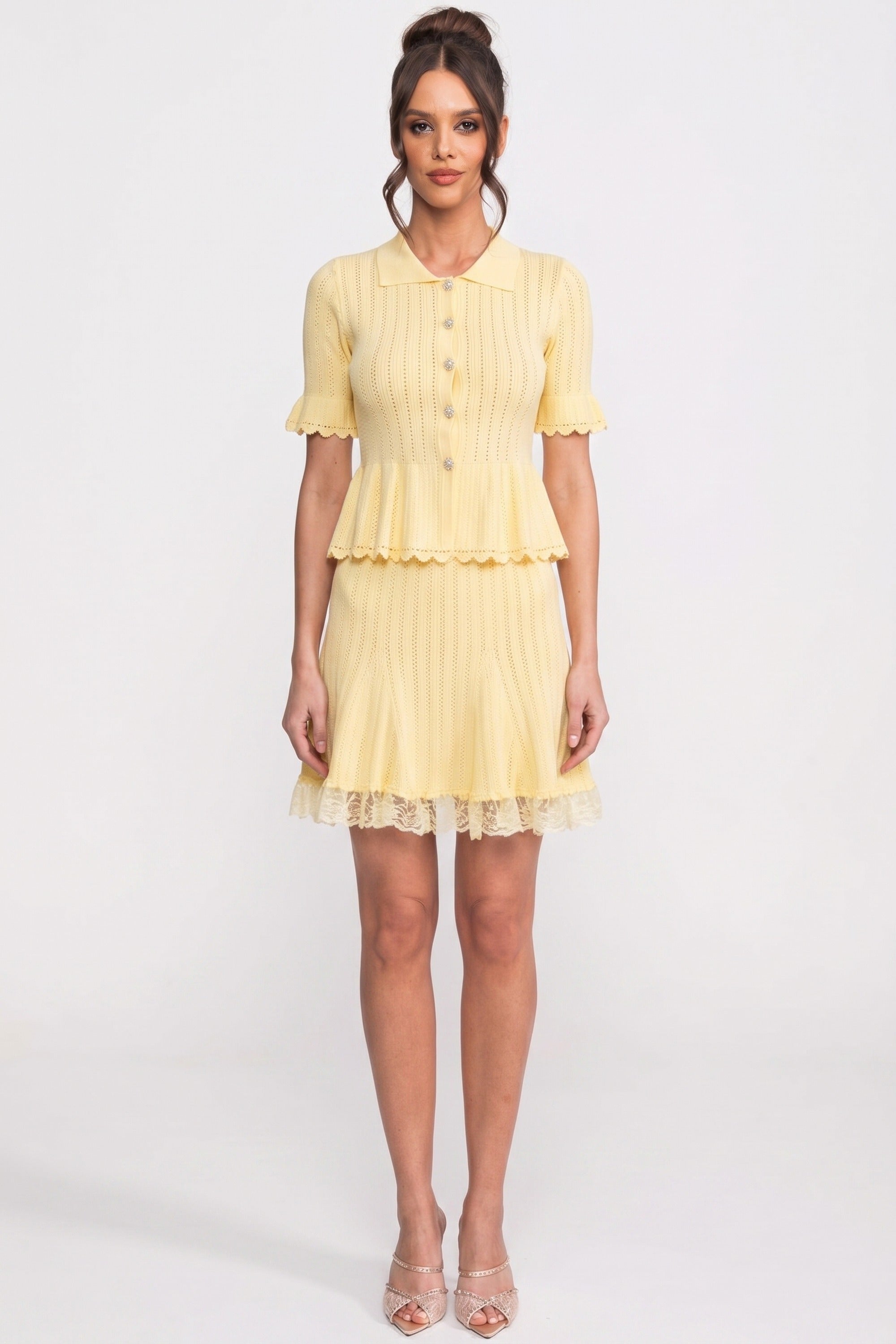 Rochie mini tricotată Peplum cu guler Peter Pan și tiv din dantelă - Galben 