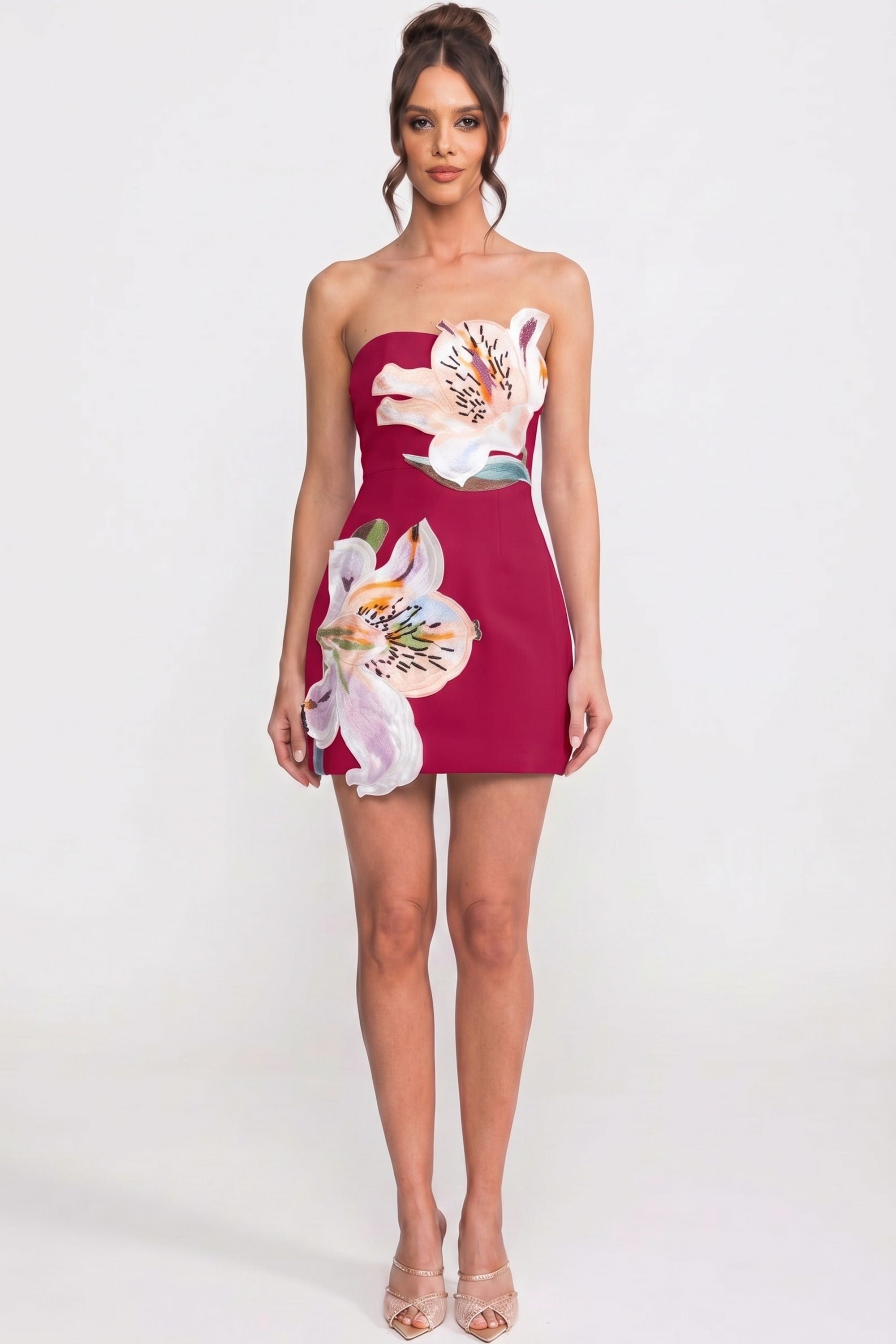 Strapless Floral-Print Mini Dress With Structured Bodice - Red