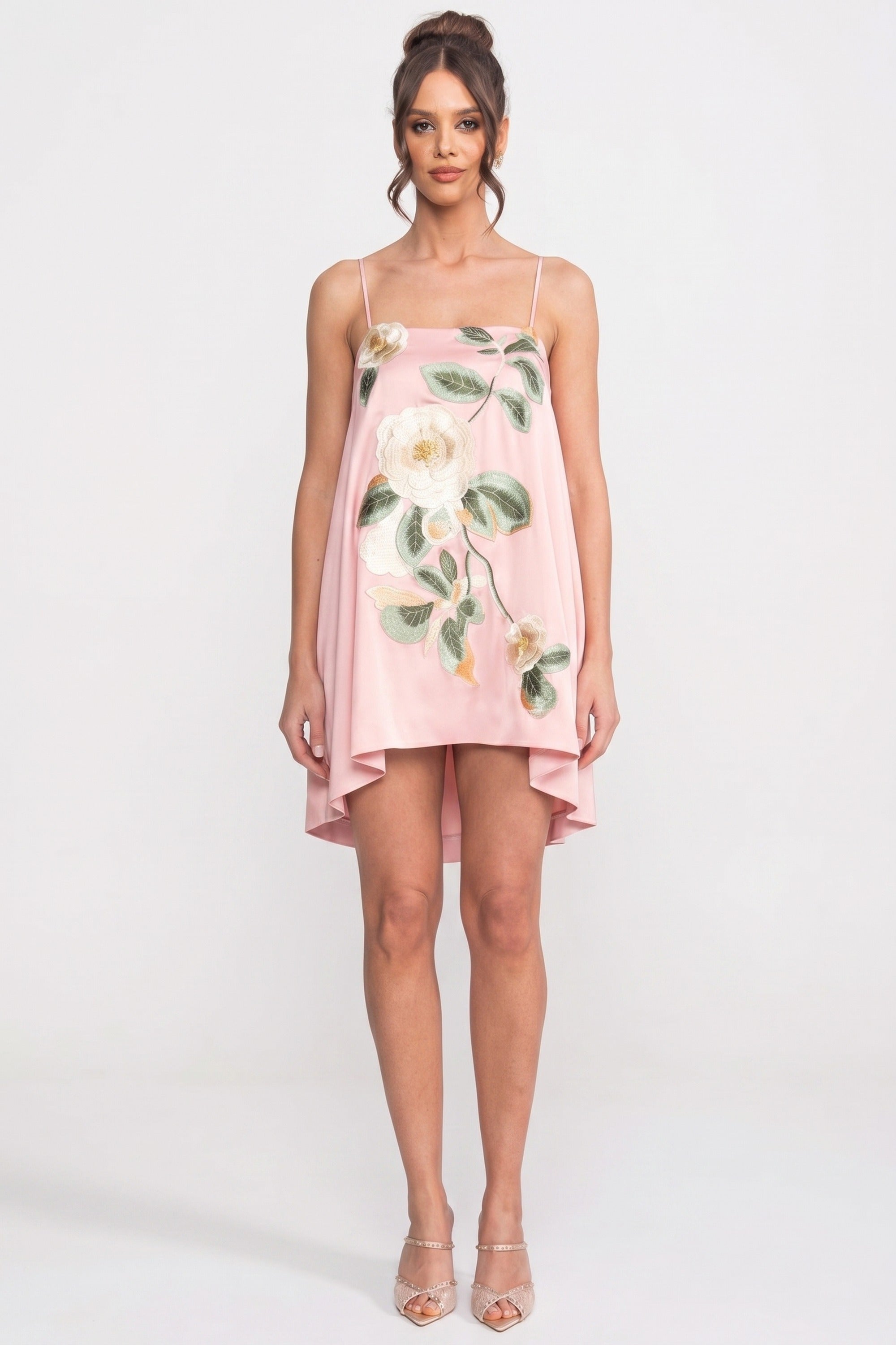 Rochie mini cu bretele spaghetti, cu aplicație florală 3D și fustă în linie A - roz 