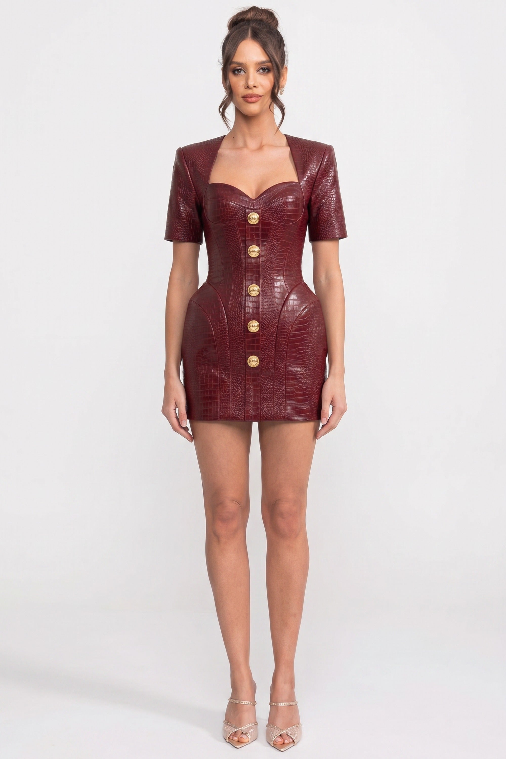 Rochie Mini cu Efect de Crocodil și Nasturi Aurii în Față - Roșu 