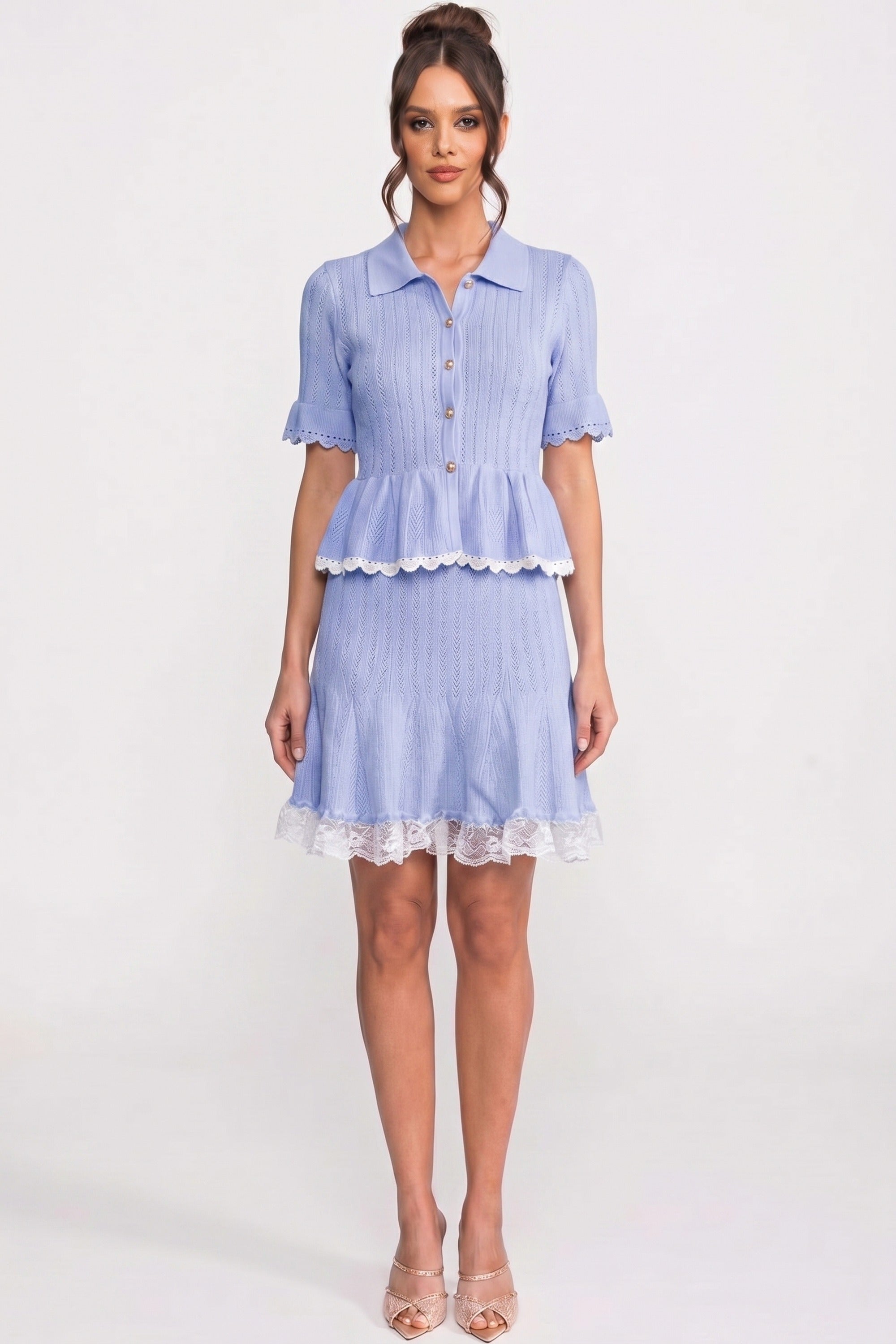 Polo-Collar Mini Dress With Button Top, Peplum Waist And Lace Hem - Blue