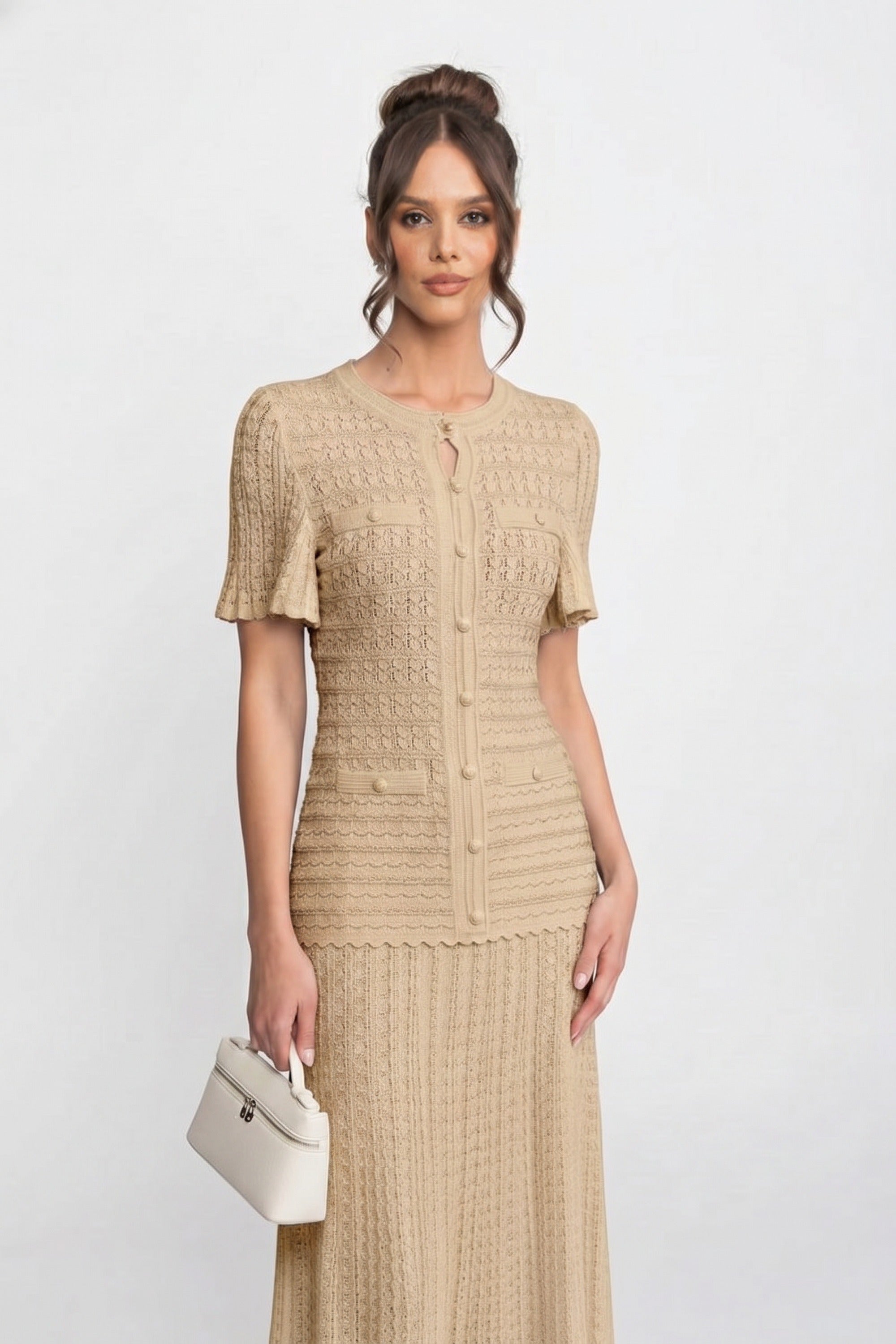 Rochie midi cu mânecă scurtă și textură tricotată cu sclipiri - Beige 
