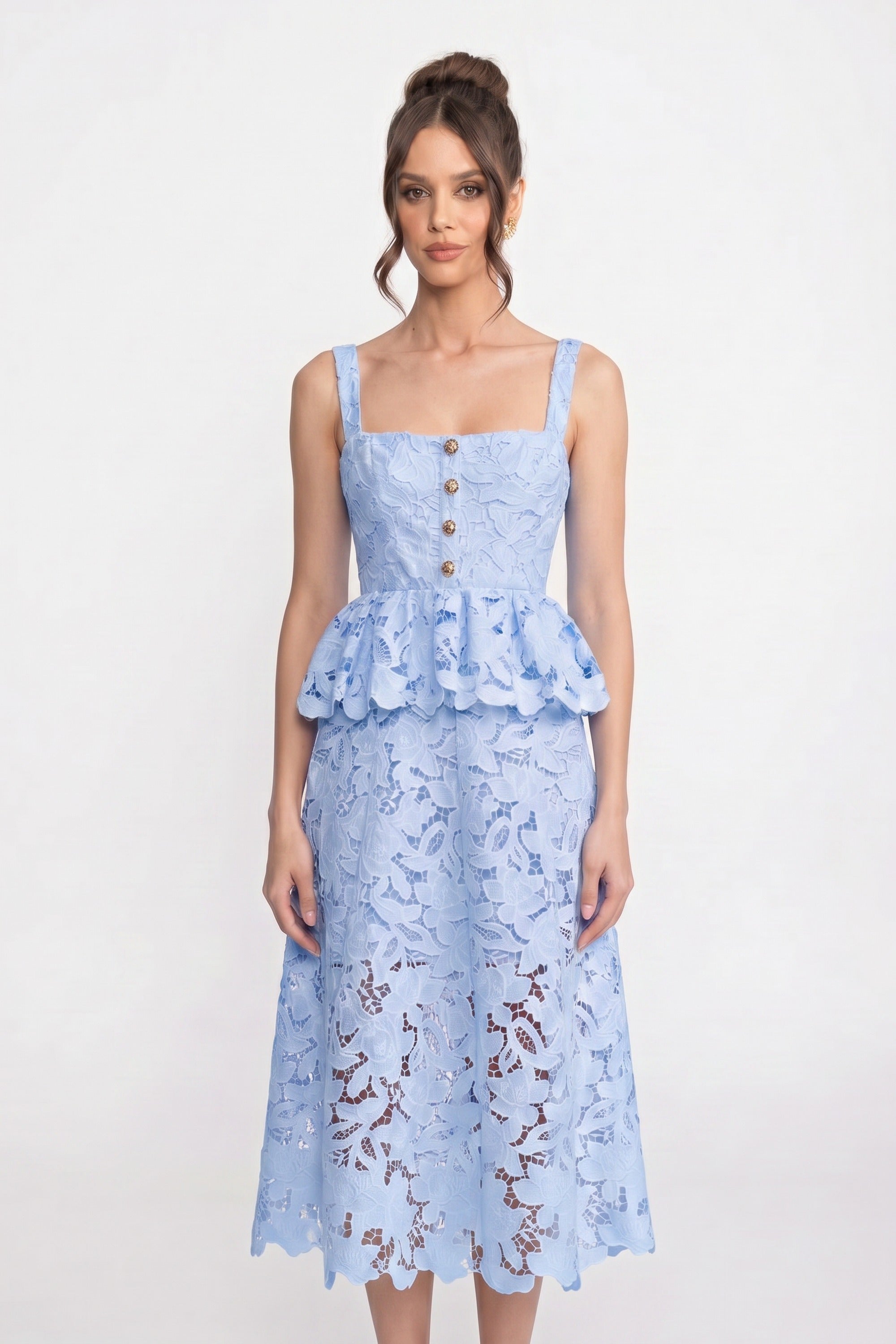 Rochie fără mâneci din dantelă, cu peplum, fustă midi și nasturi aurii - Albastru 