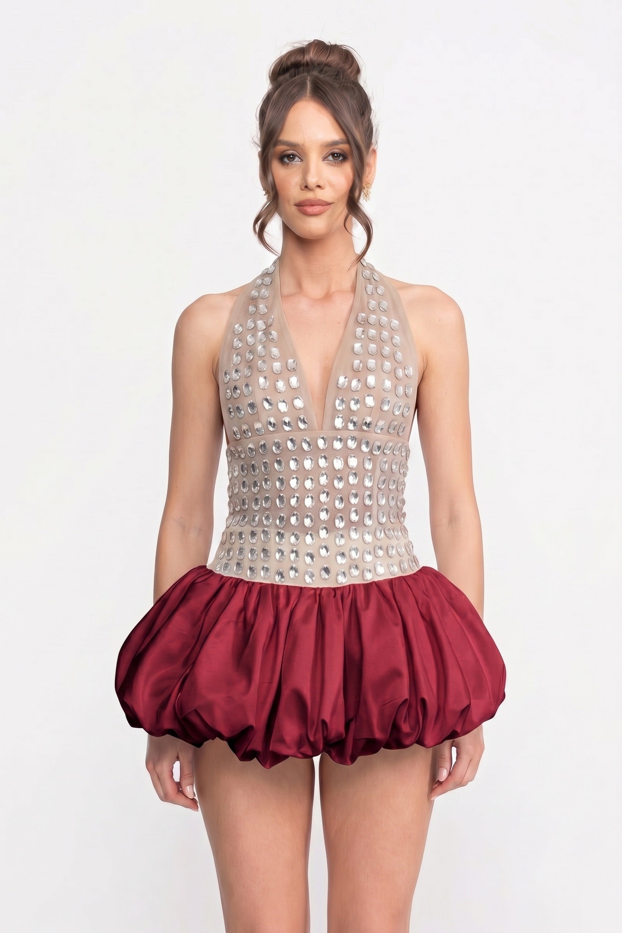 Rochie mini halter cu aplicații de cristale și fustă bubble - Roșu 