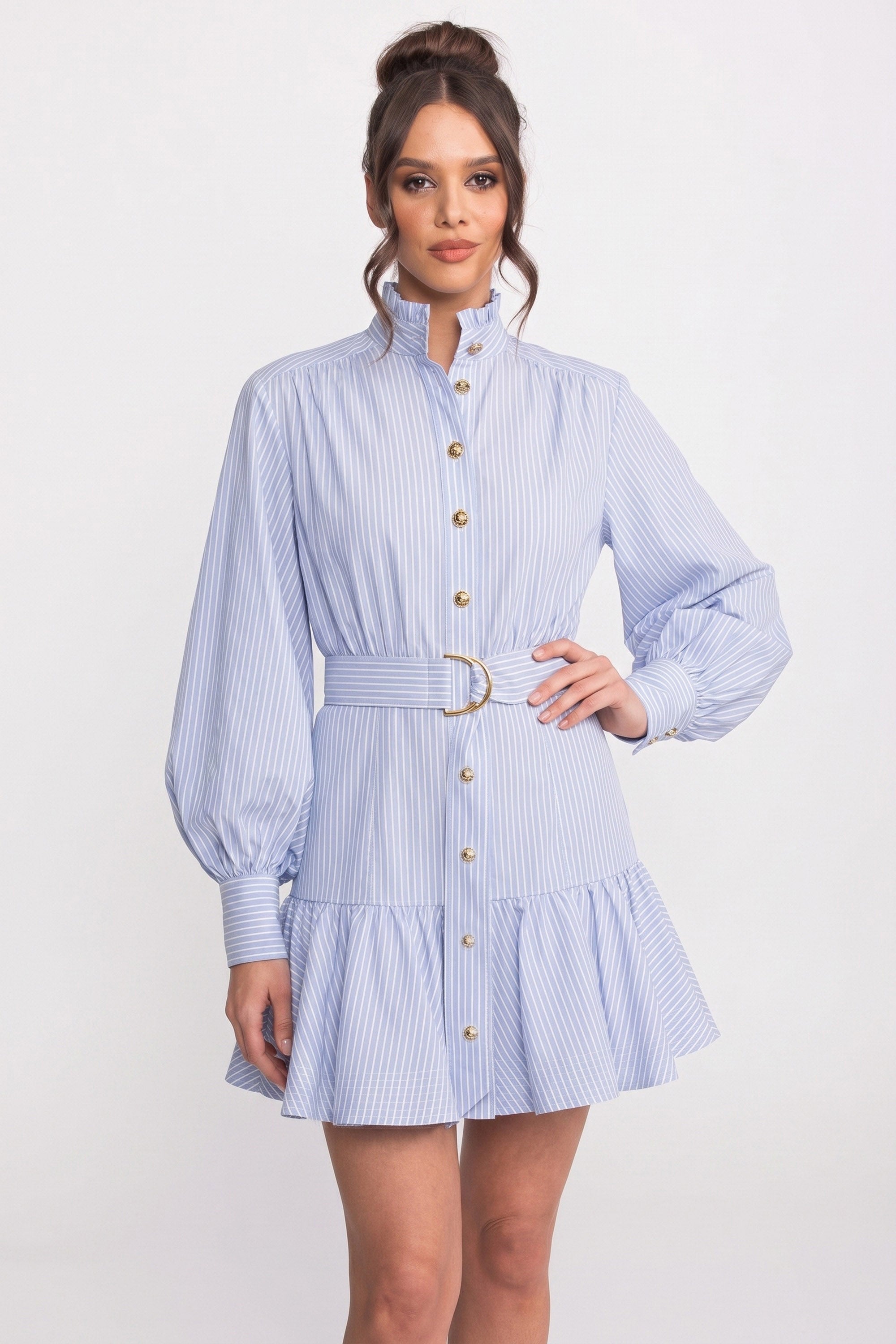 Striped Belted Mini Dress With High Neck And Balloon Sleeves - Blue