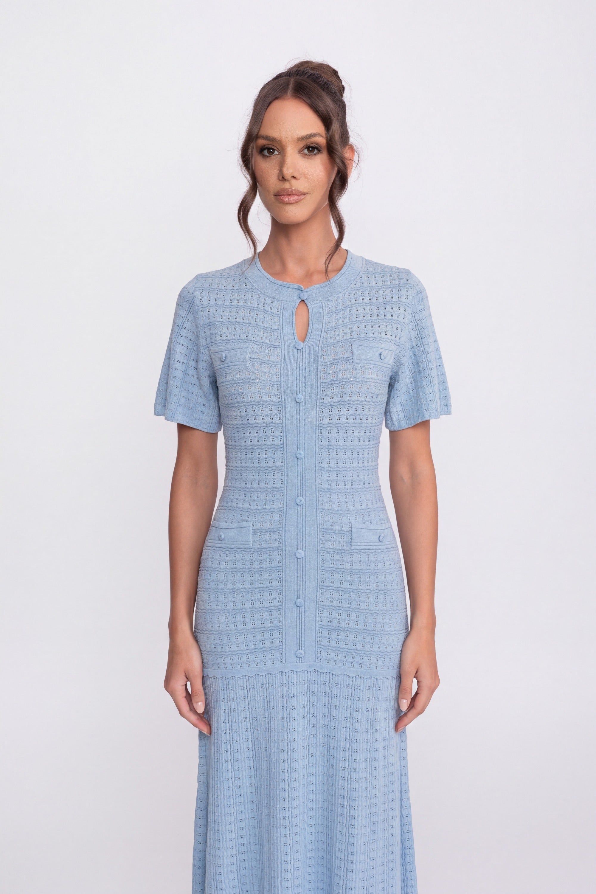 Rochie midi cu mânecă scurtă și textură tricotată strălucitoare - Light Blue 